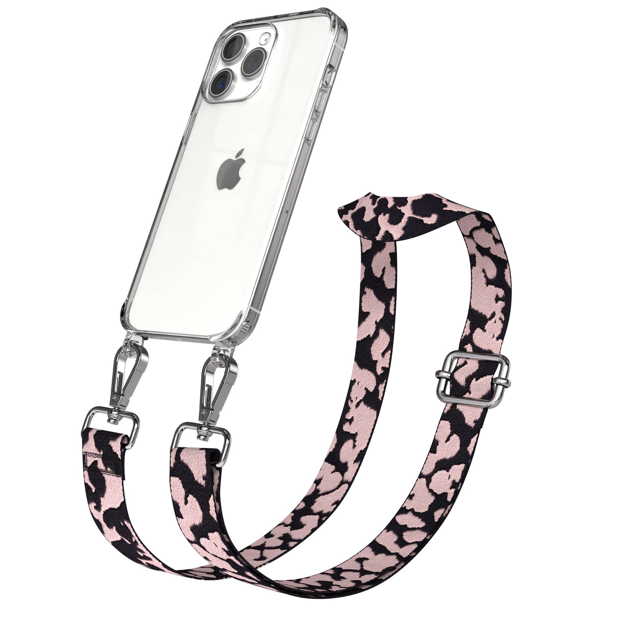 Ein transparentes iPhone-Case mit einem Leopardenmuster-Gurt in Rosa und Schwarz.