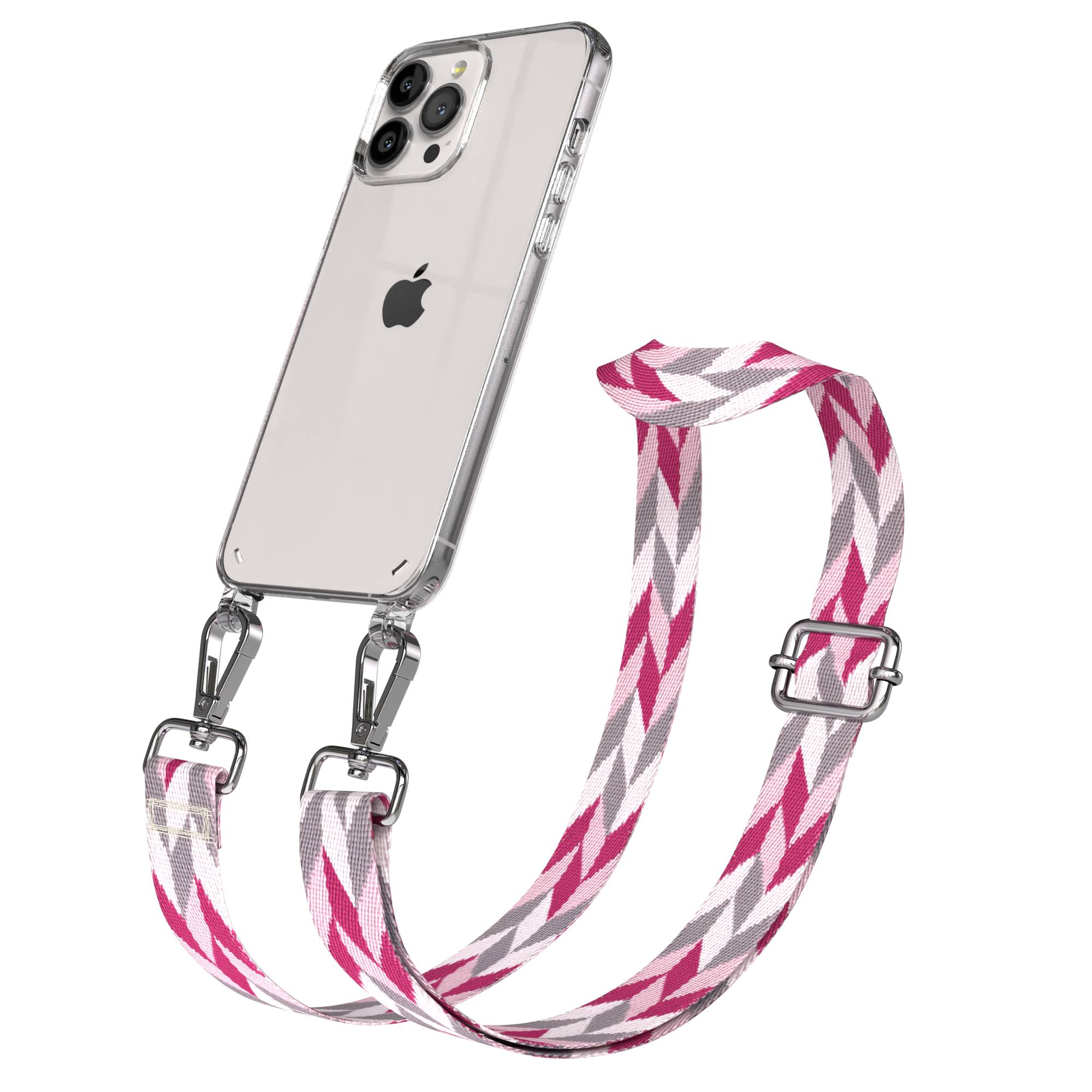 Ein transparentes iPhone-Case mit einem Band in Zickzackmuster aus Pink, Grau und Weiß.