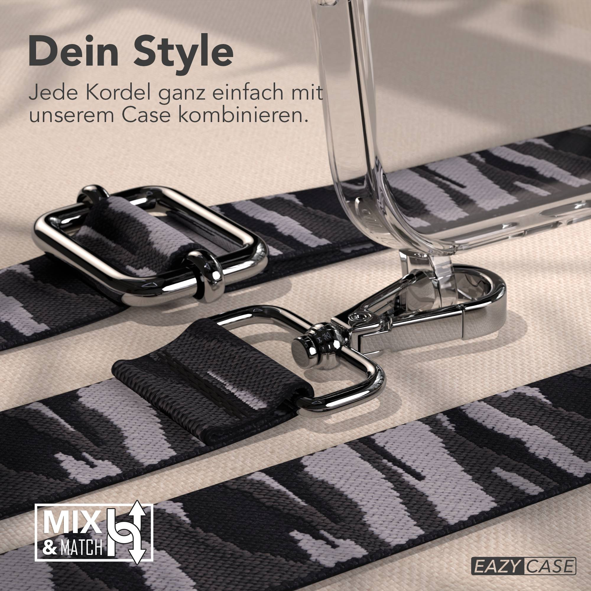 Schwarzes und graues Tarnmuster-Lanyard mit silbernen Verschlüssen und einer Hülle.