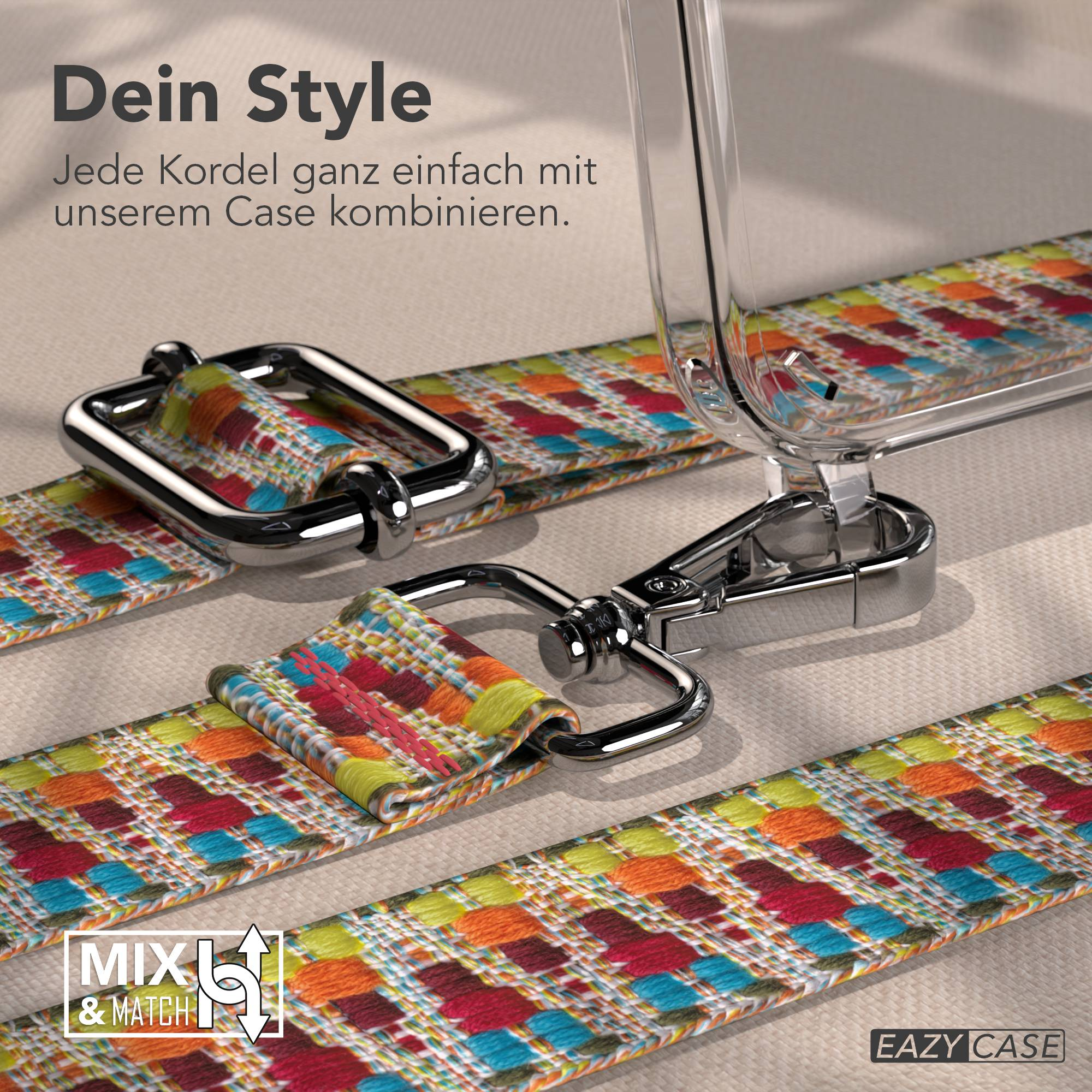Buntes gewebtes Band mit Metallverschlüssen und klarer Handyhülle.