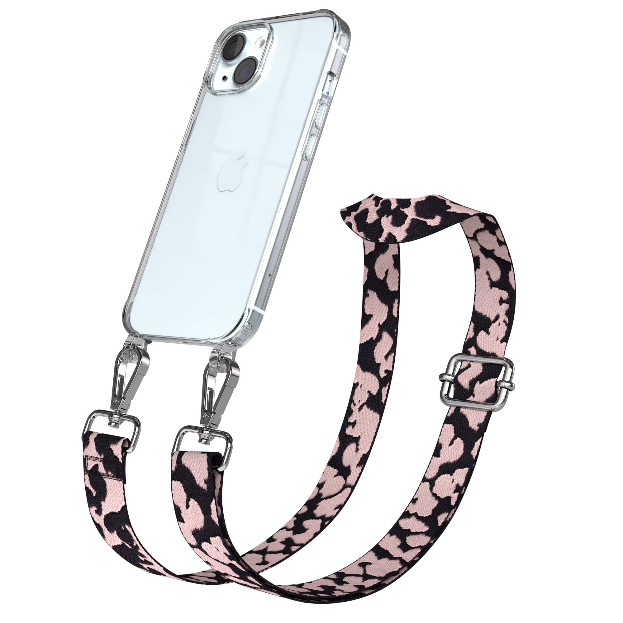 Ein transparentes iPhone mit einem pink-schwarzen Leopardenmuster-Trageriemen.