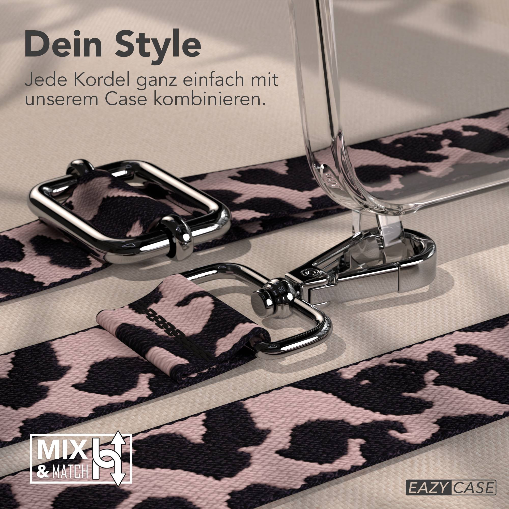 Transparente Handyhülle mit pink-schwarzem Leo-Muster und silbernen Karabinerhaken.