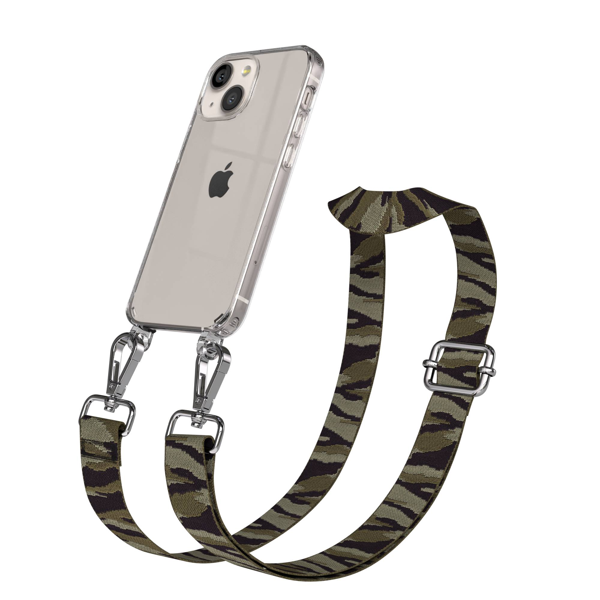 Eine durchsichtige Handyhülle mit einem Camouflage-Riemen, befestigt mit silbernen Clips.