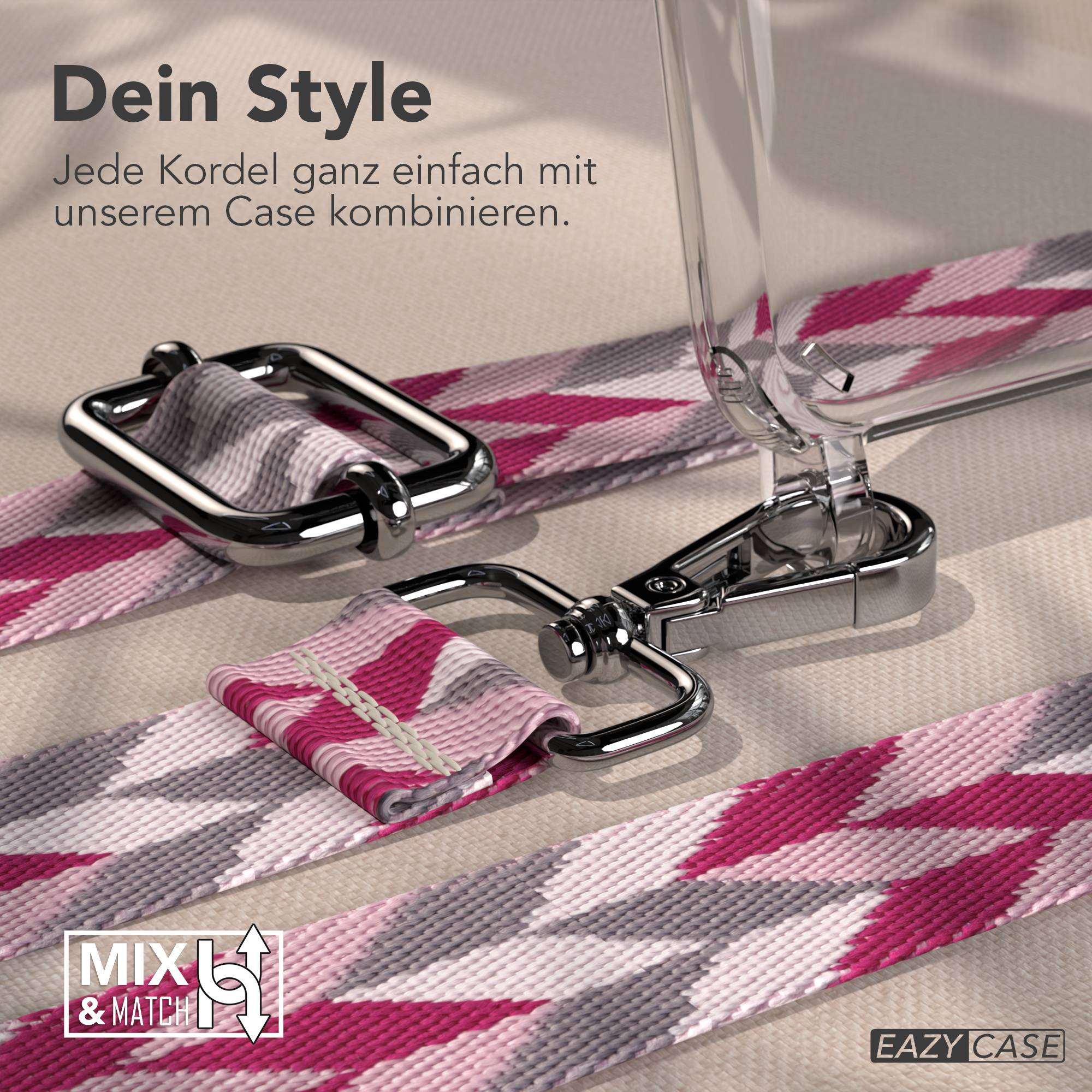 Ein Handyhülle mit einem gemusterten Band in Rosa, Grau und Weiß.