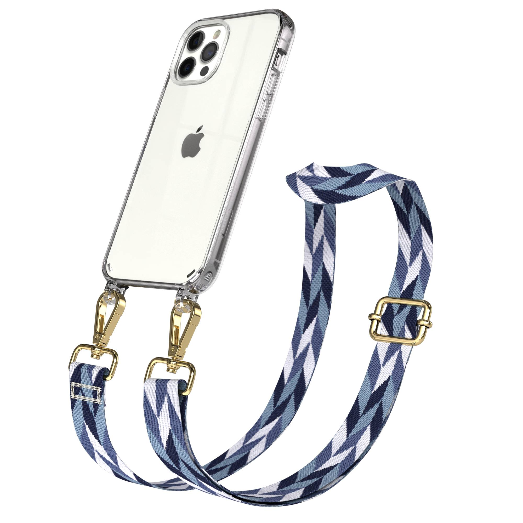 Klare iPhone-Hülle mit blau-weißem geometrischem Gurt, befestigt mit goldenen Clips.