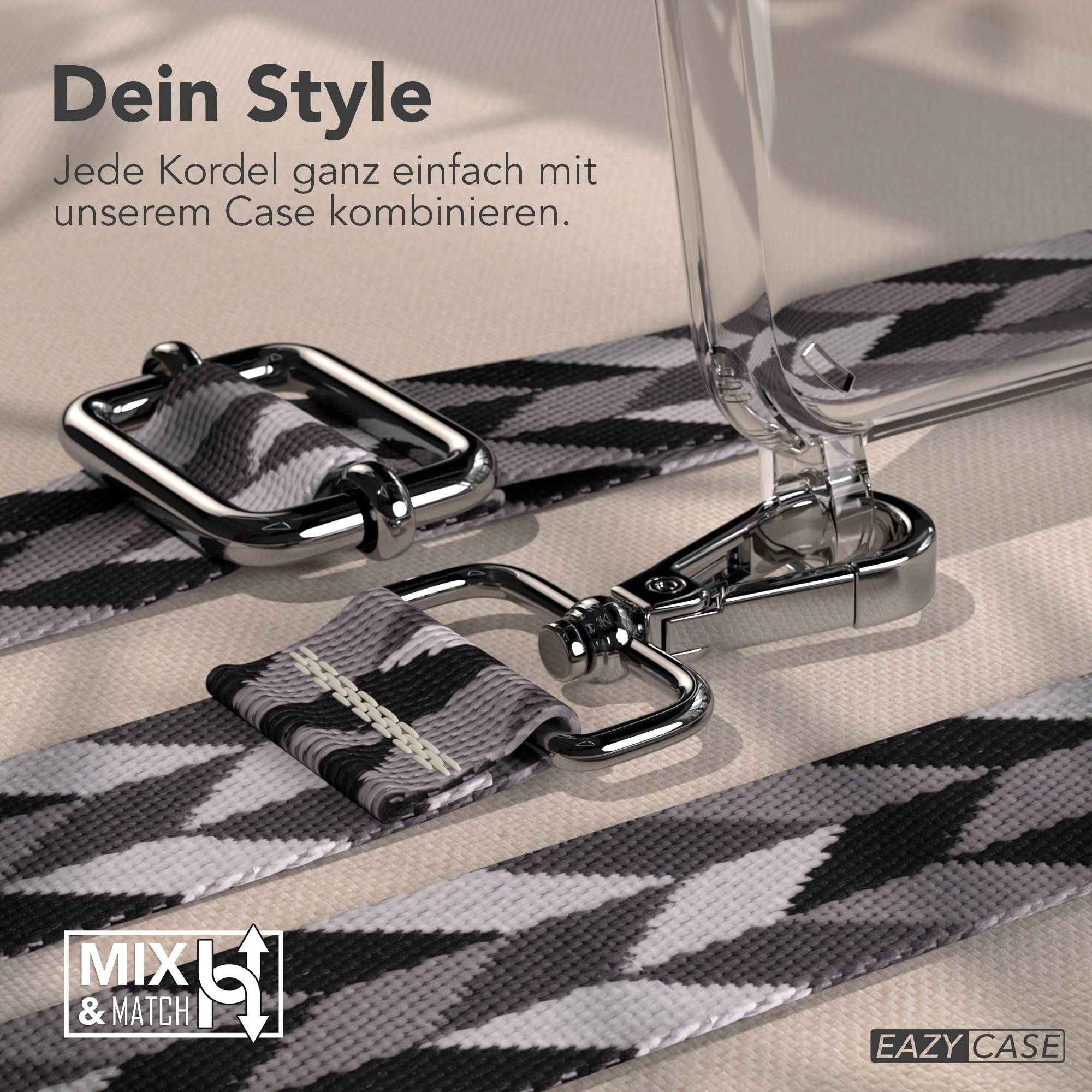 Ein transparentes Handyhülle mit einem Band im Camouflage-Muster und Metallclips.