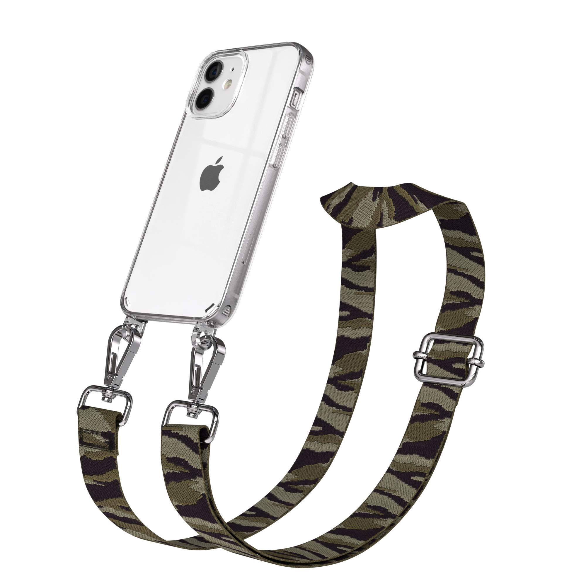 Ein transparentes iPhone mit Camouflage-Trageband und silbernen Beschlägen.