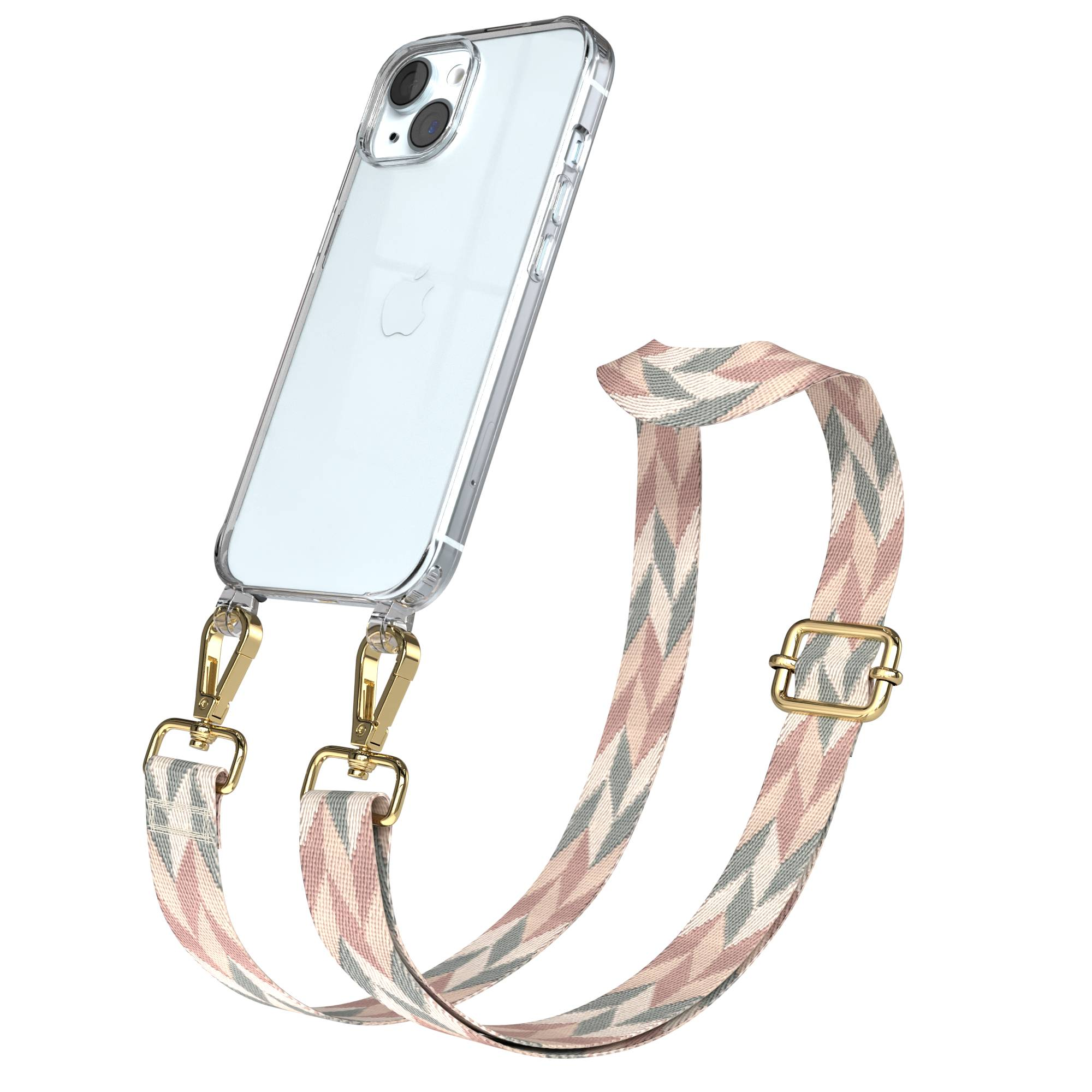Klare Handyhülle mit gemustertem Gurt in Rosa, Grau und Beige. Goldene Clips befestigen Gurt.