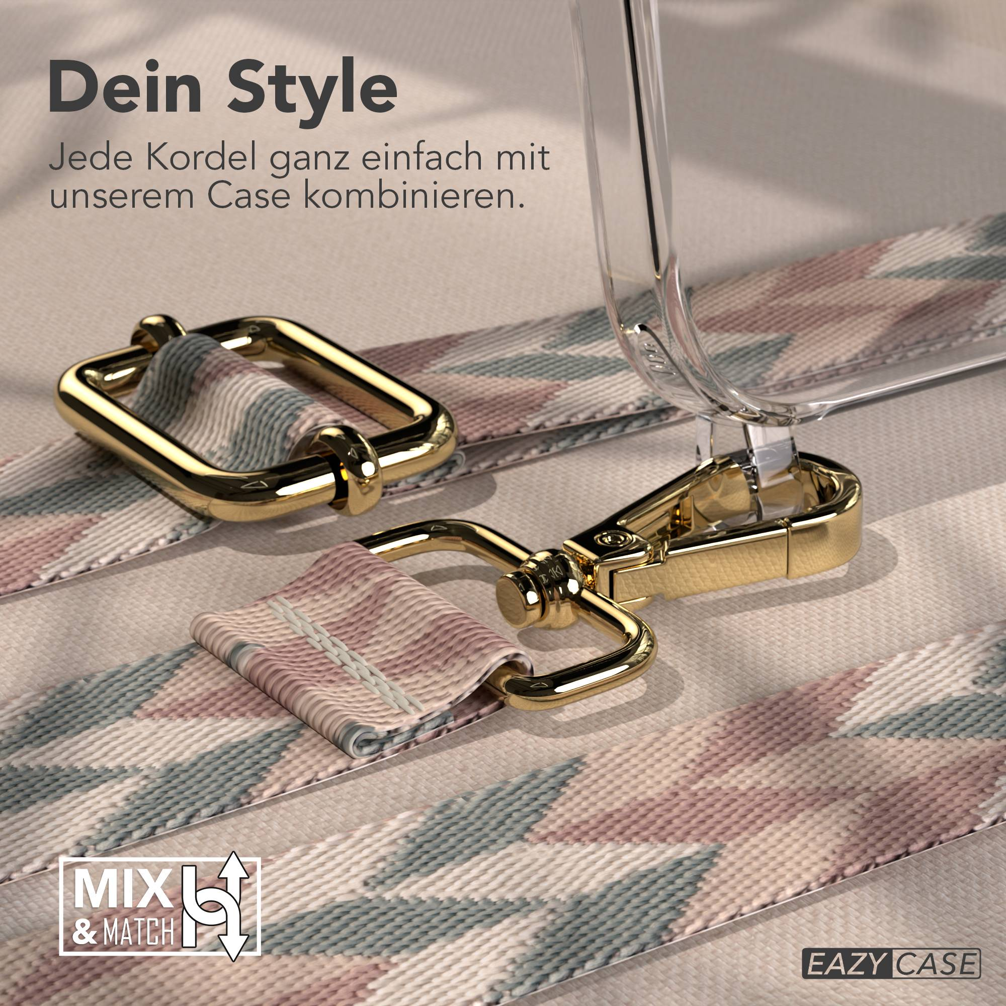 Goldene Schnalle an einem gemusterten Band und einer Handyhülle.