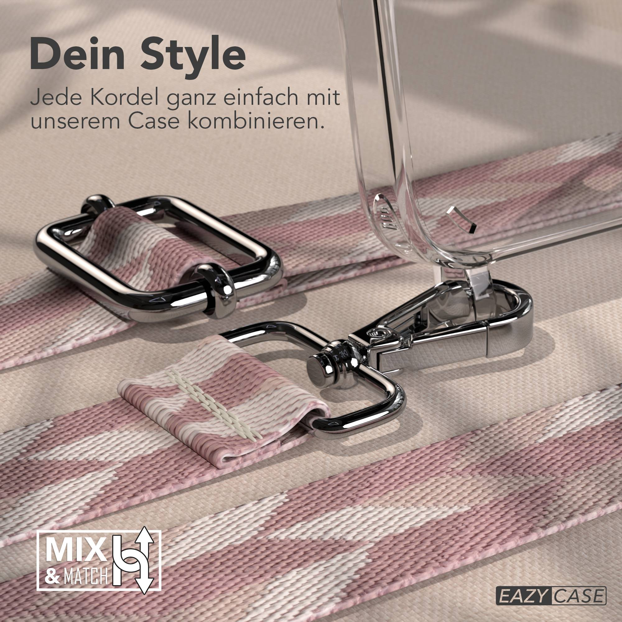 Nahaufnahme eines durchsichtigen Handyhüllen-Riemens mit Metallclips und pink/weiß gemustertem Band.