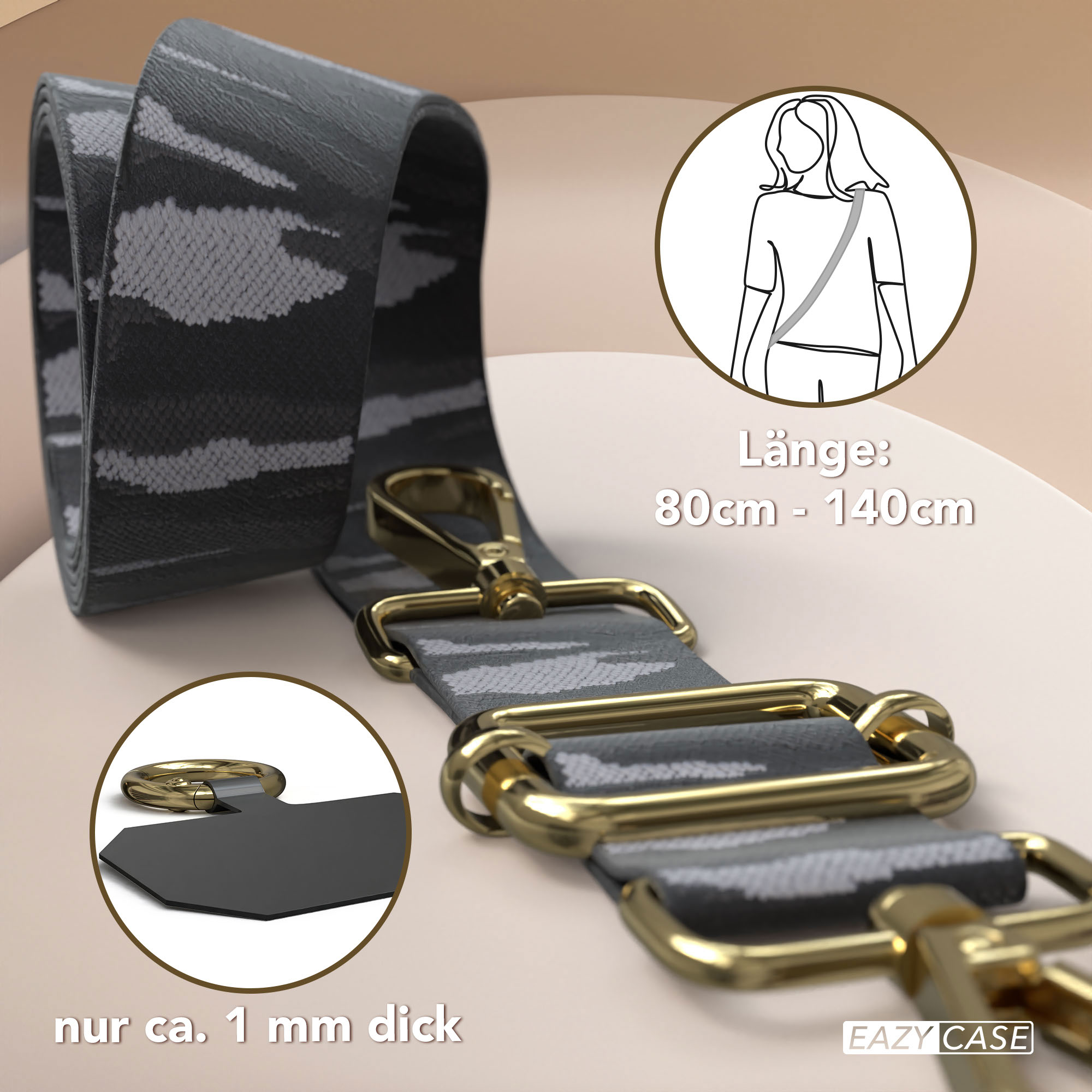 Grauer Camouflage-Gurt mit goldenen Beschlägen und einem dünnen schwarzen Aufsatz.