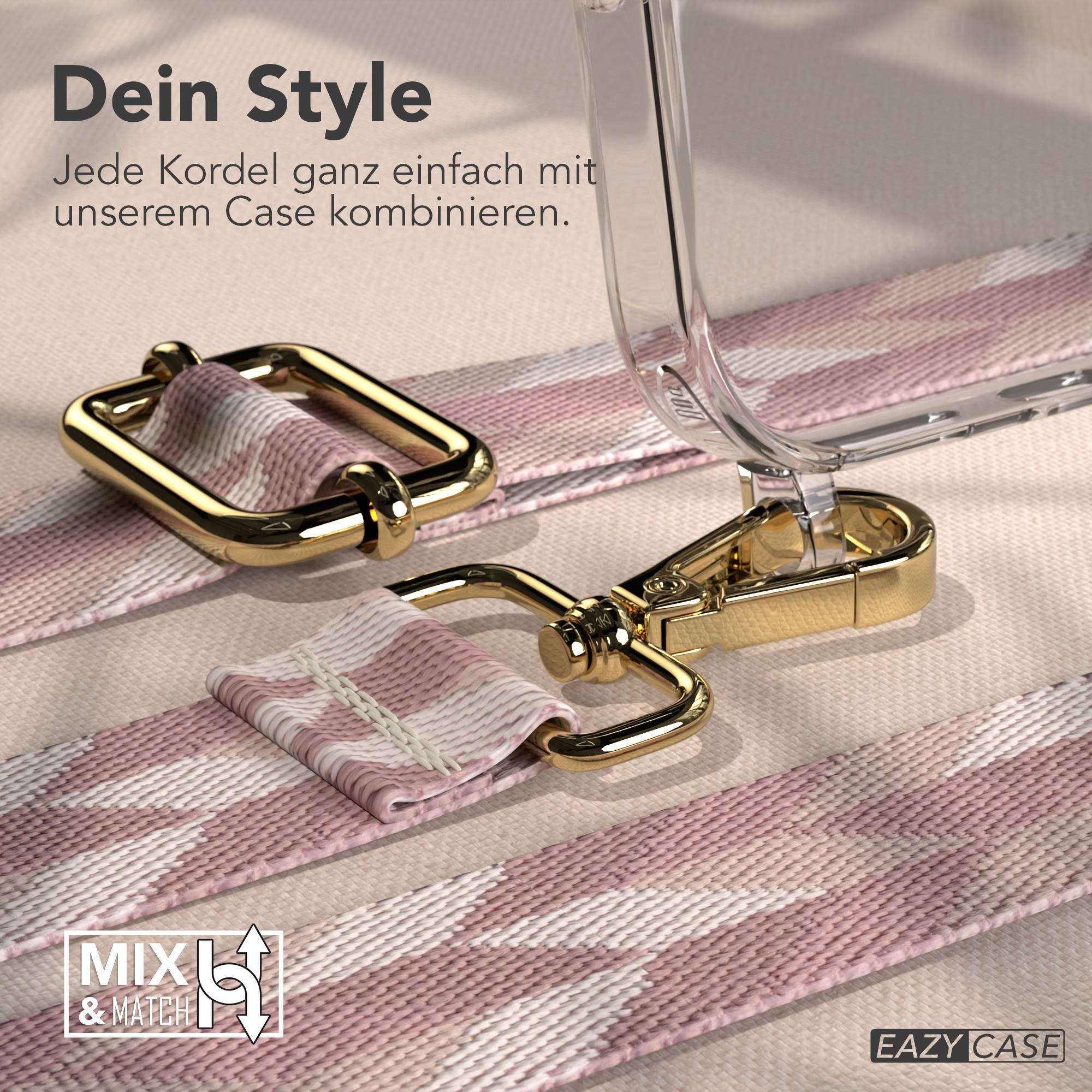 Goldener Karabinerhaken an einem pink-weißen Band, verbunden mit einem transparenten Handyhülle.