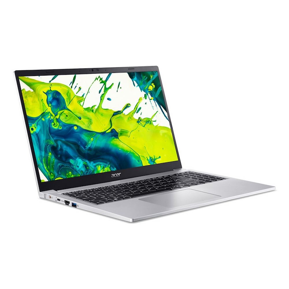 Un laptop Acer argentato è aperto, visualizzando una colorata schermata splash astratta.