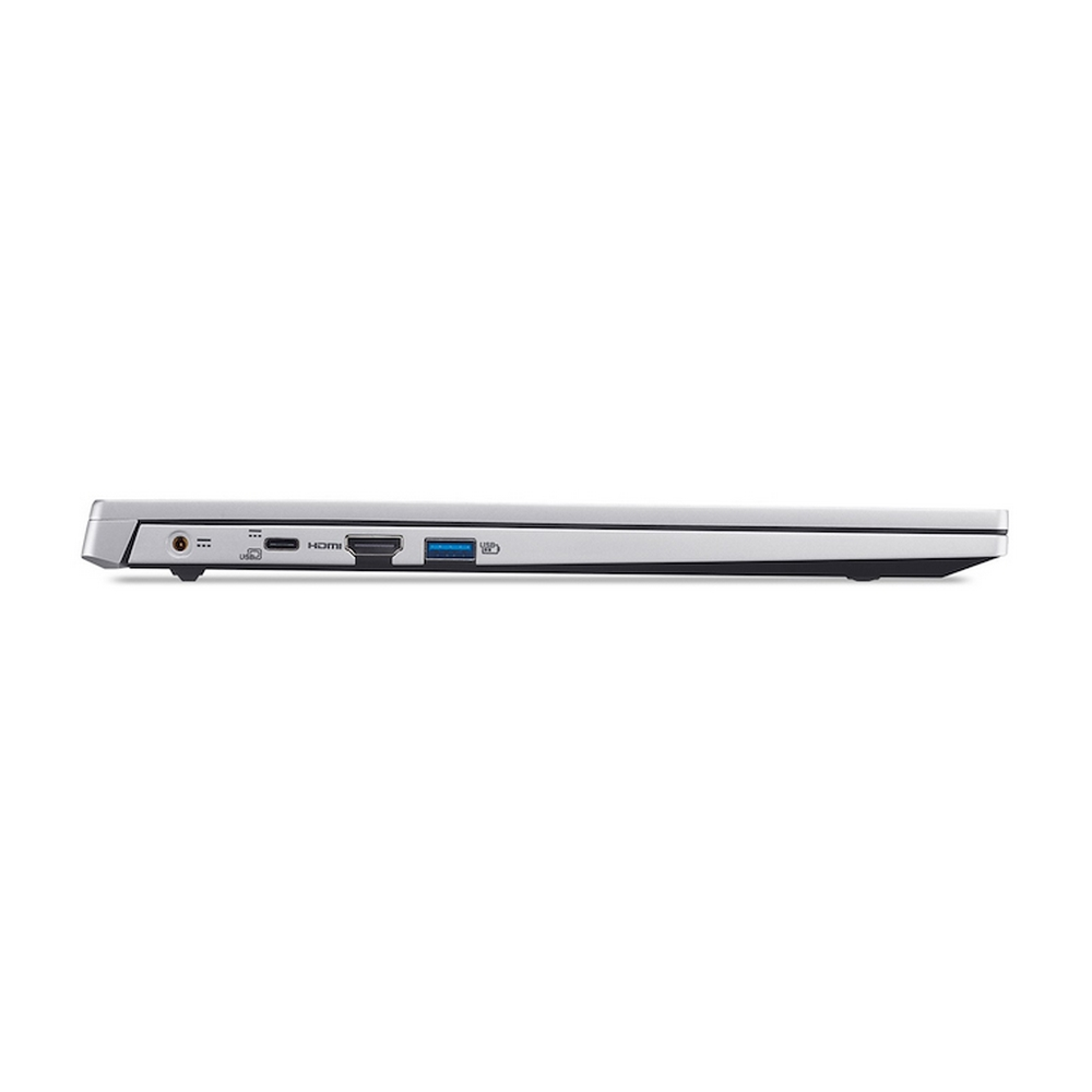 Vista laterale di un laptop sottile argentato con porte USB e HDMI.