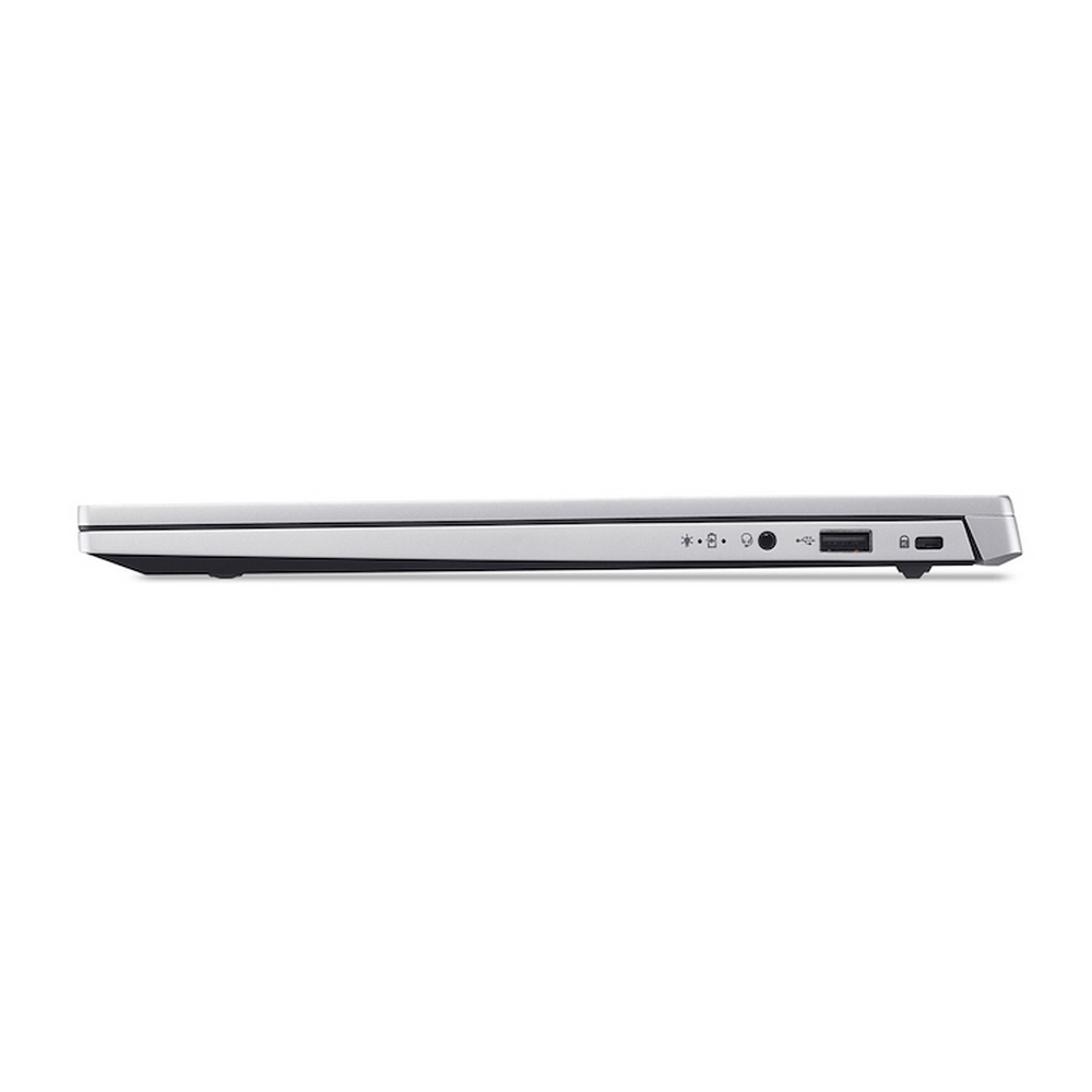 Vista laterale di un laptop argentato, con porte: alimentazione, USB, jack cuffie e slot.