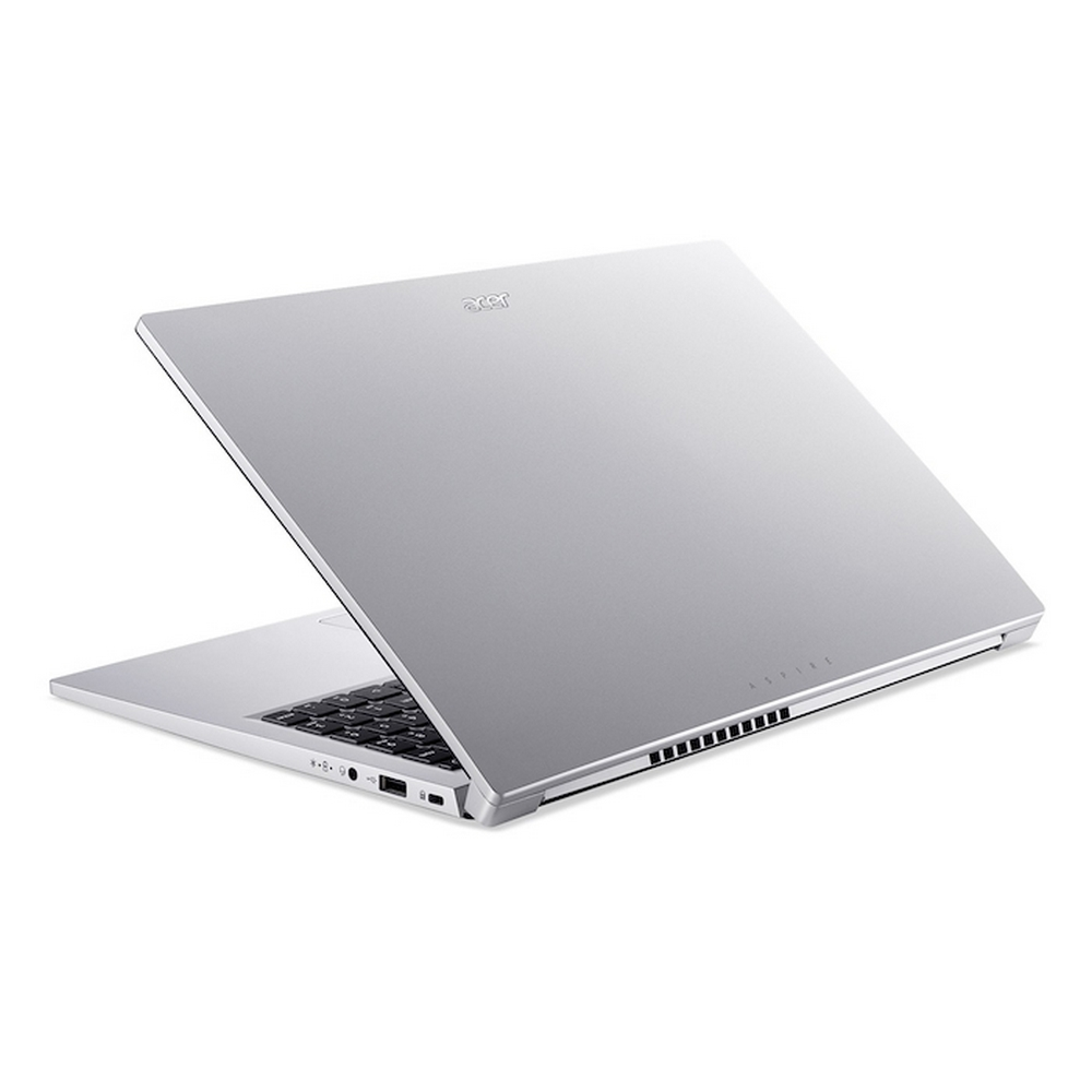 Un laptop Acer Aspire argentato, aperto, mostra tastiera e porte a sinistra.
