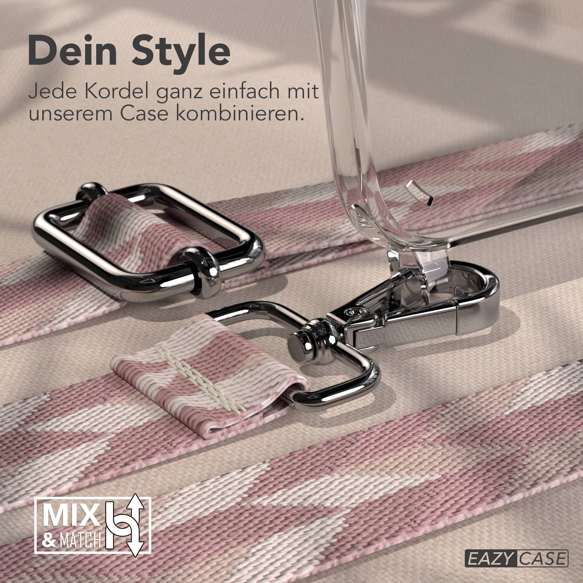 Ein silberner Verschluss an einem Band mit rosa und weißen Streifen.