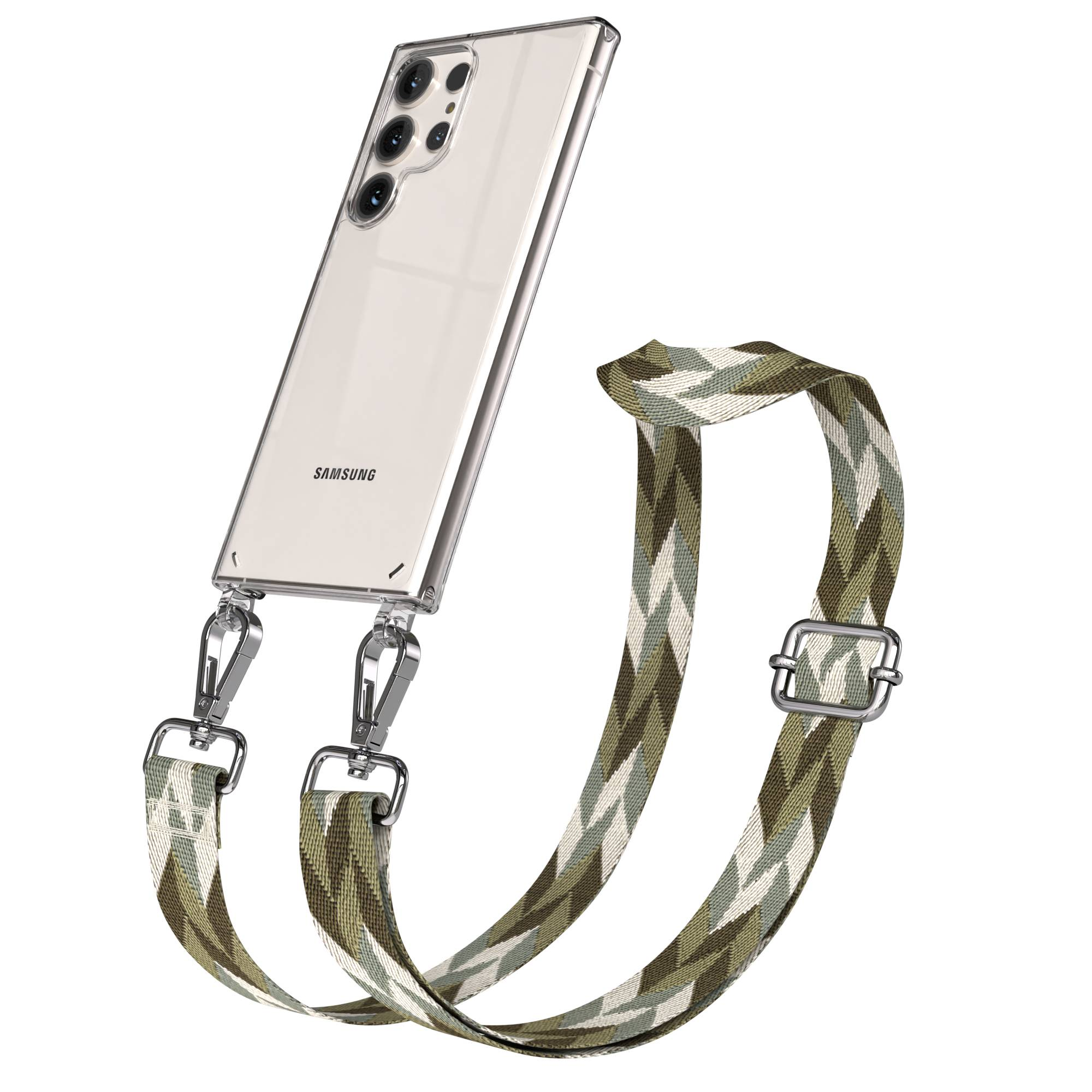 Ein transparentes Samsung-Handy mit einem Band im Zickzackmuster in Olivgrün, Weiß und Braun.