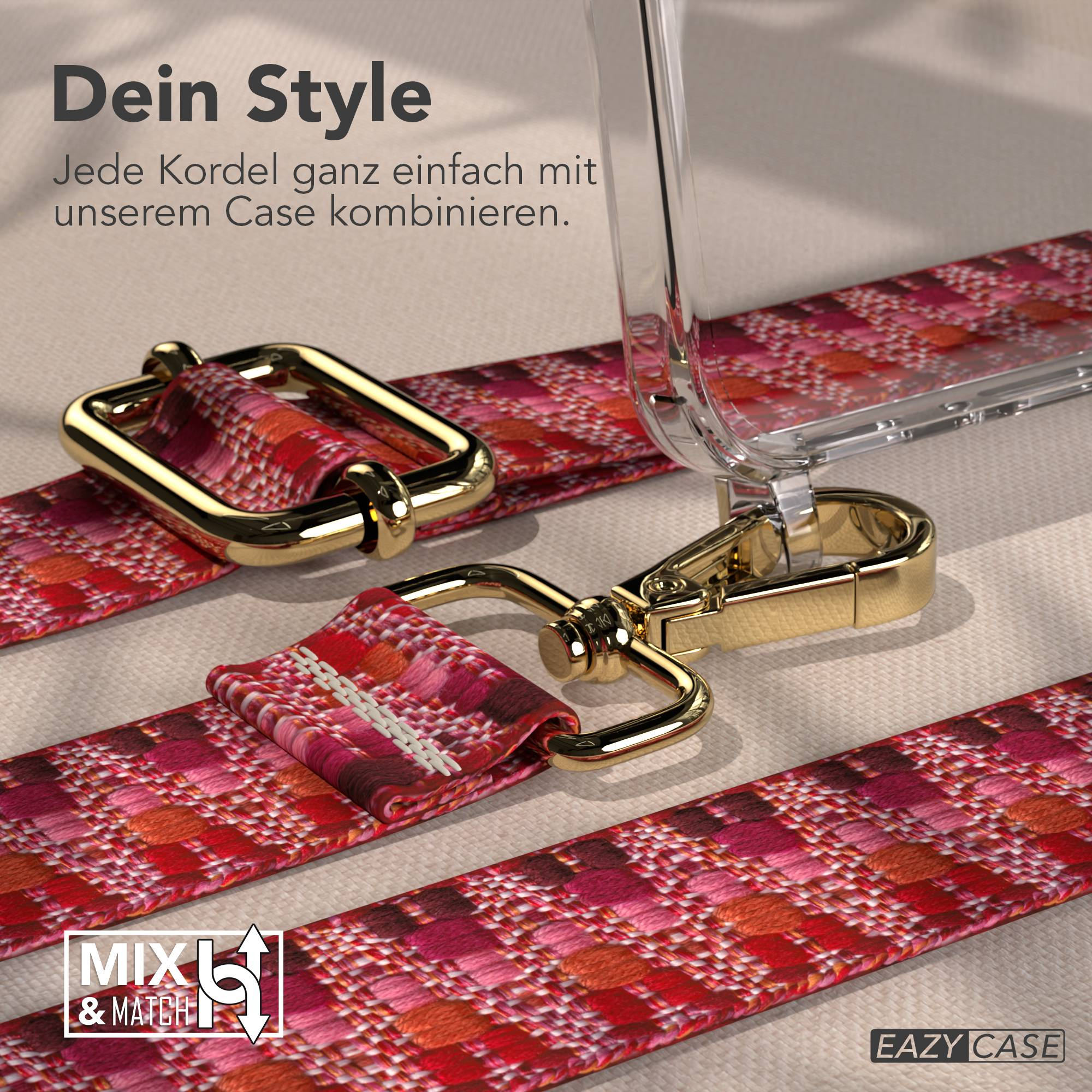 Ein rotes, gemustertes Band mit goldenen Schnallen ist an einer transparenten Handyhülle befestigt.