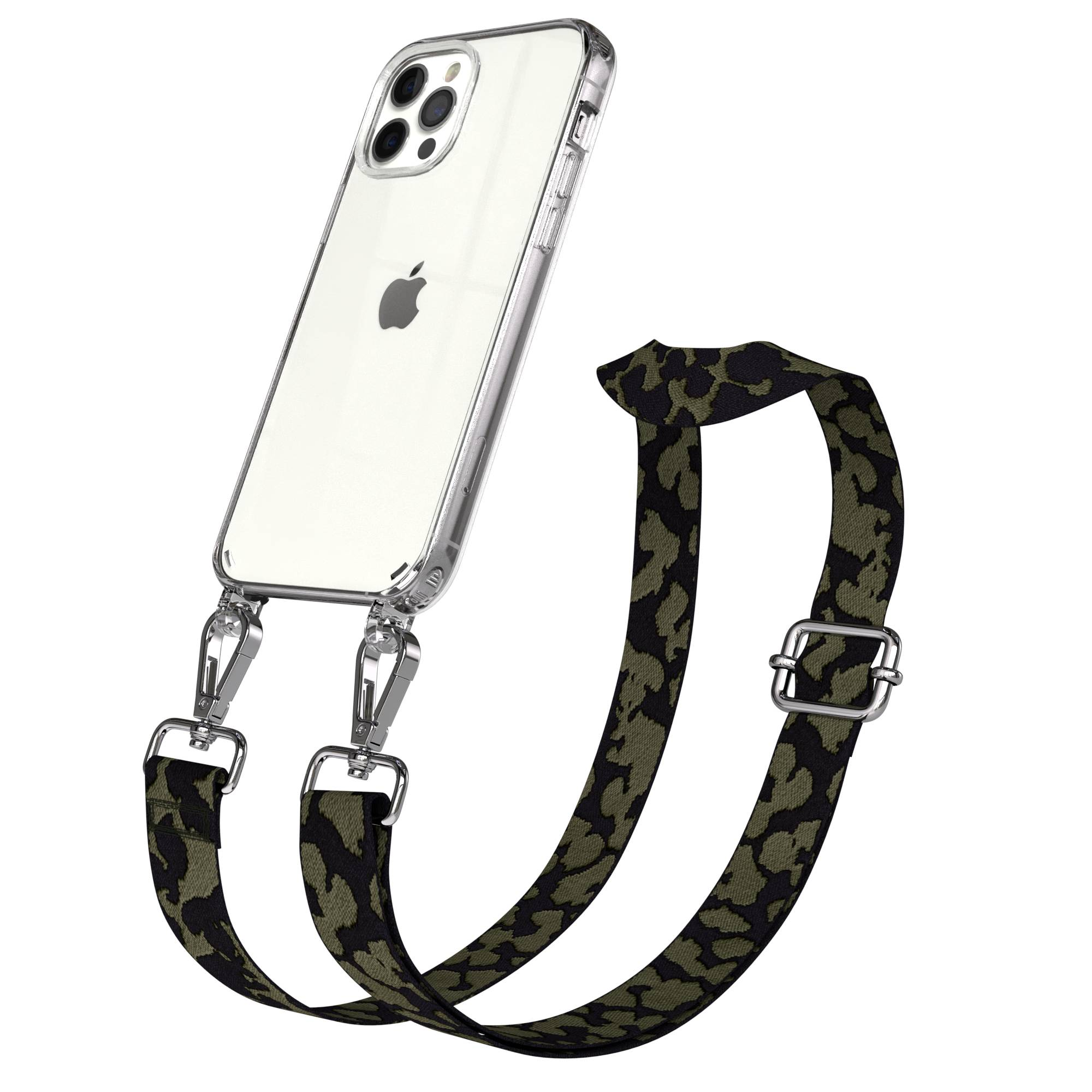 Eine durchsichtige iPhone-Hülle mit einem Camouflage-Riemen, befestigt mit silbernen Verschlüssen.