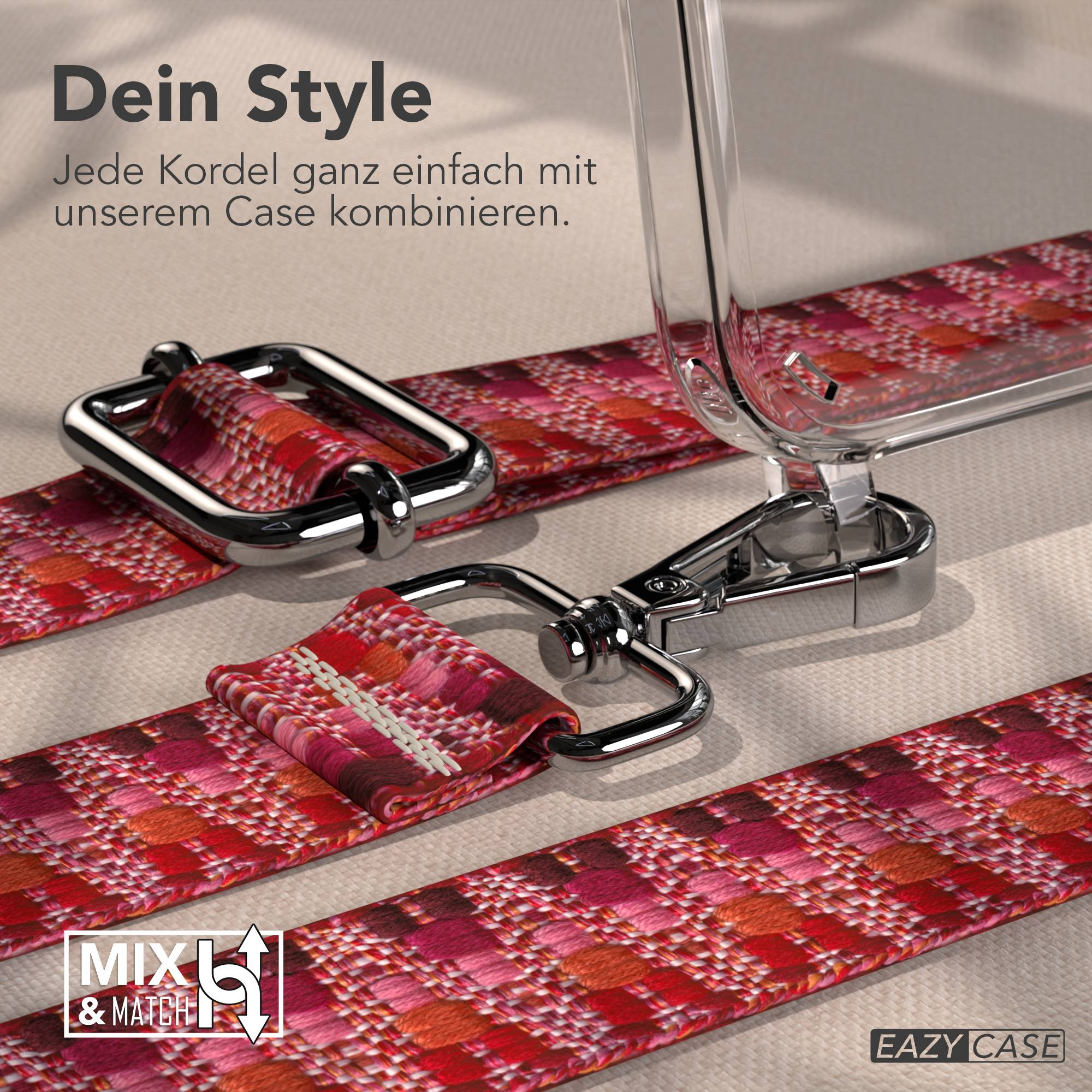 Ein rotes Band mit Karomuster und silbernen Schnallen.