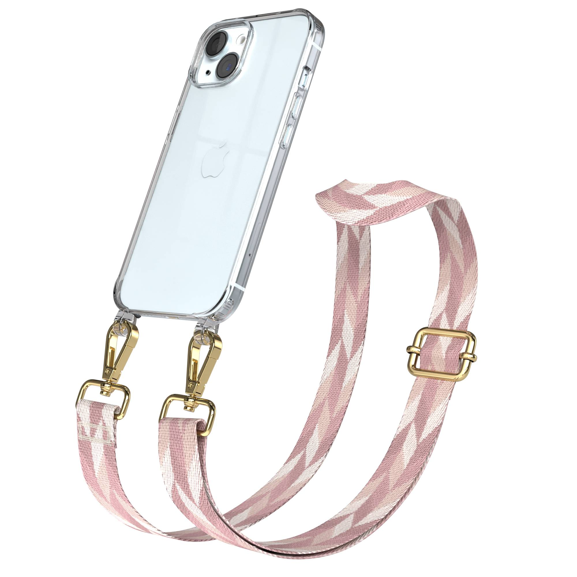 Ein durchsichtiges Handyhülle mit einem pinken und weißen Band, das mit goldenen Clips befestigt ist.