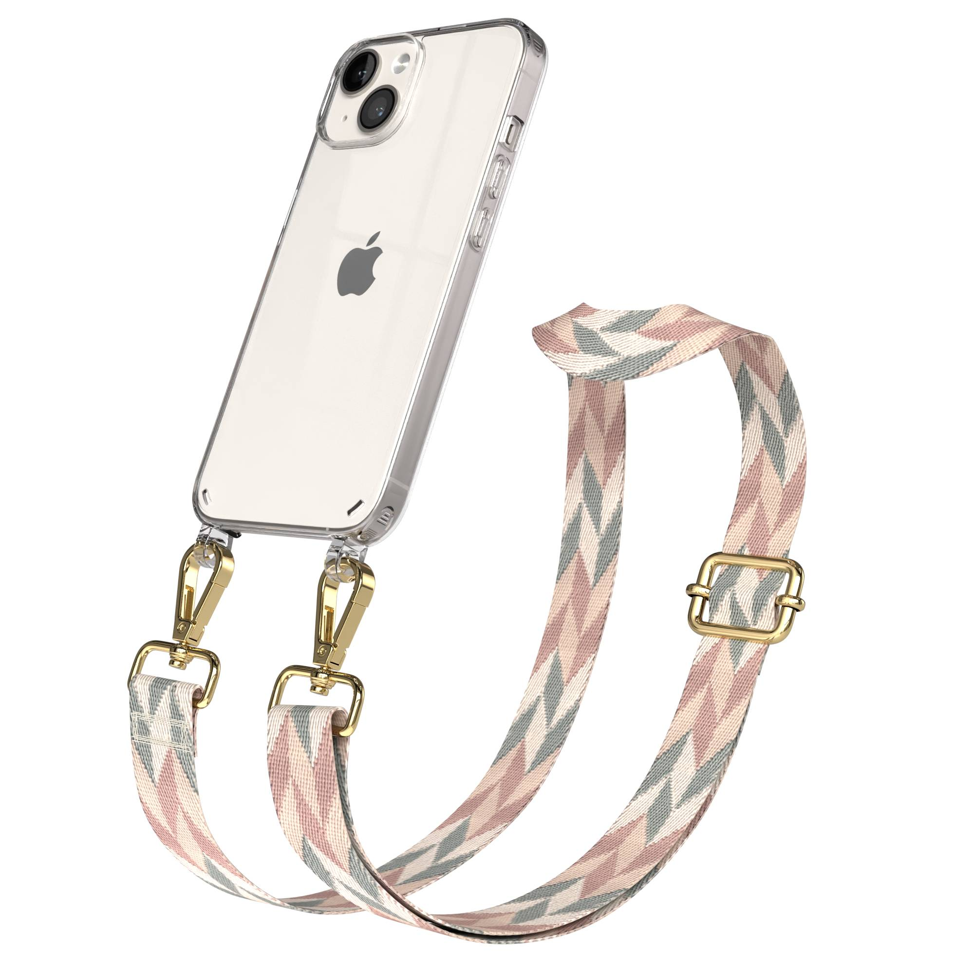 Transparente Handyhülle mit gemustertem Riemen in Pink, Beige und Grau. Goldene Beschläge.
