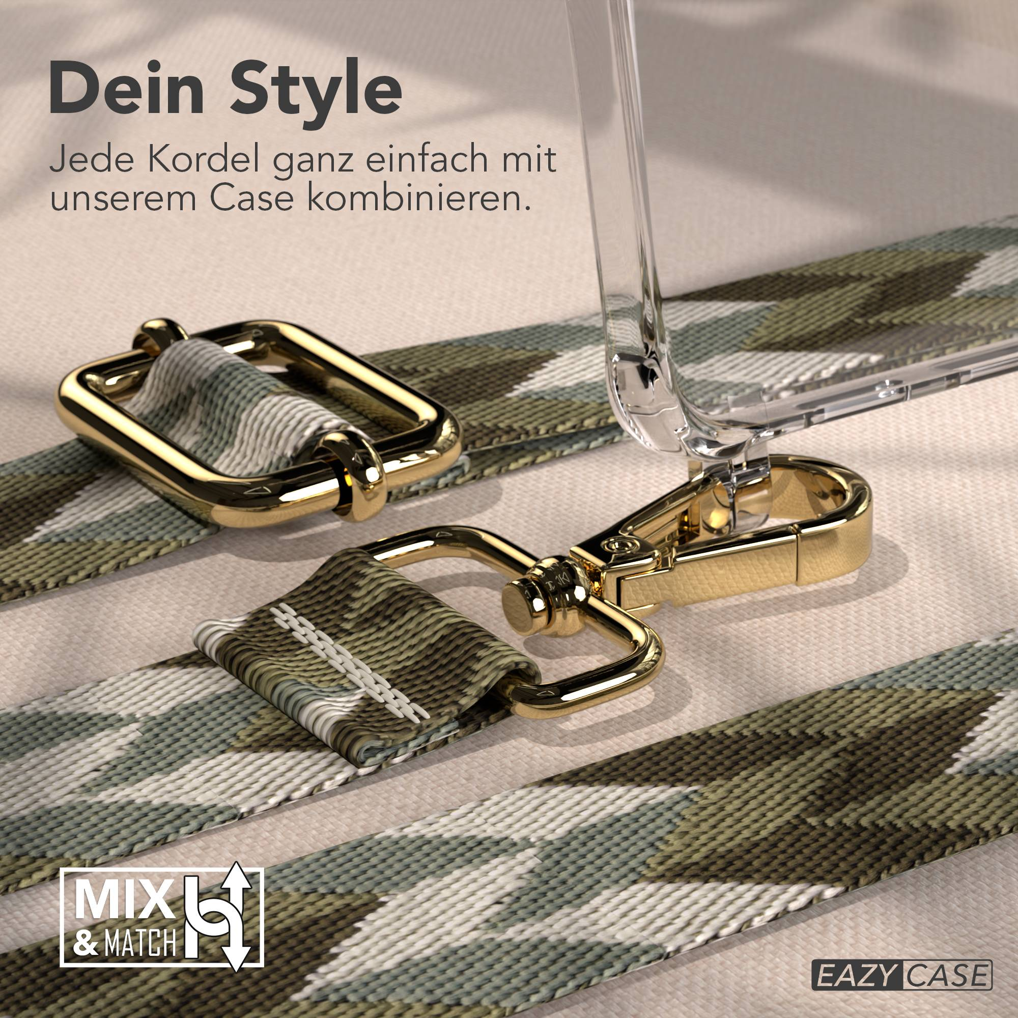Goldene Schnallen und Kordel mit Tarnmuster auf hellem Stoff.