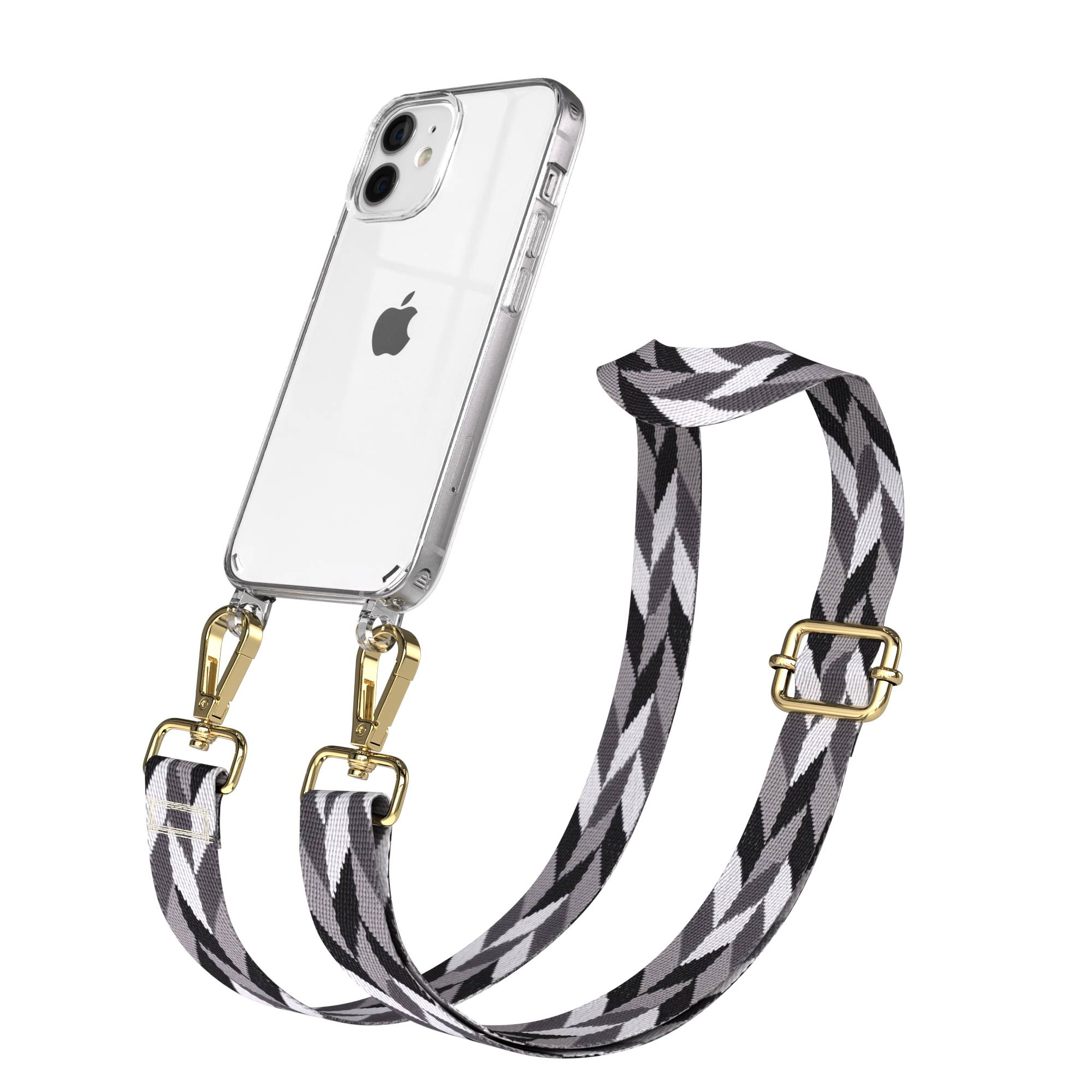 Ein transparentes iPhone mit einem schwarz-grau gemusterten Gurt.