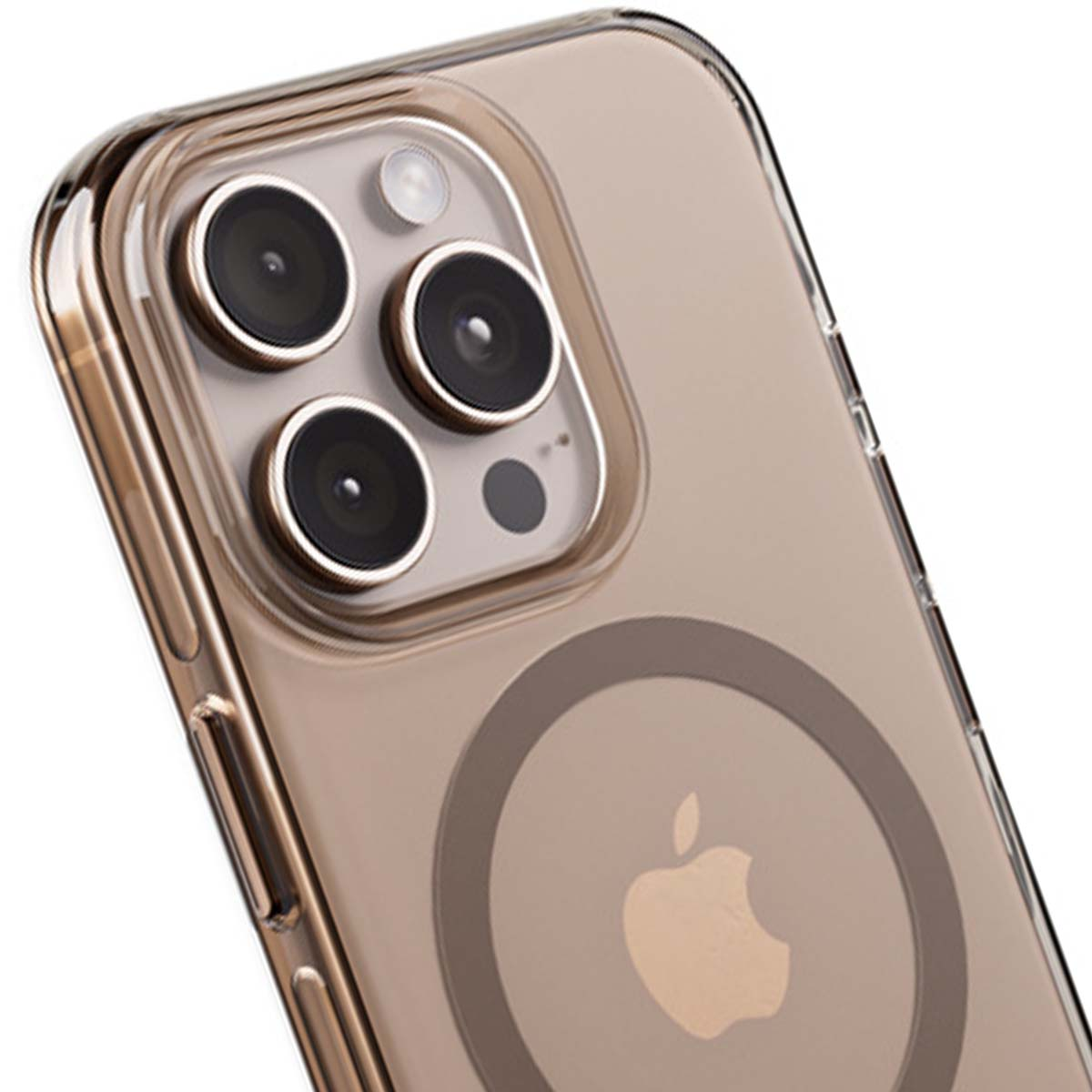 Custodia trasparente con tre obiettivi e logo Apple.