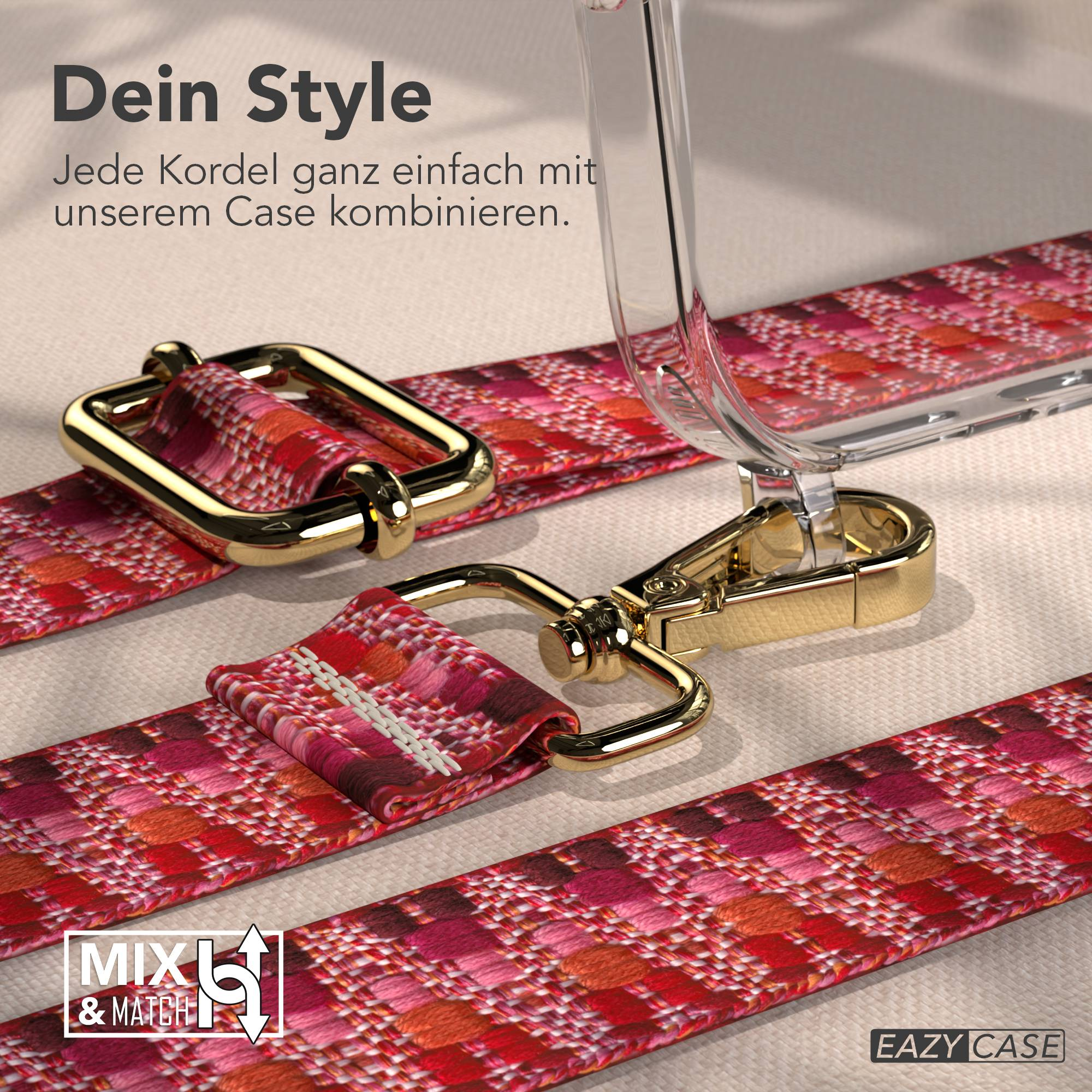 Roter Kordel-Strap mit goldenen Schnallen und einem transparenten Handyhülle.