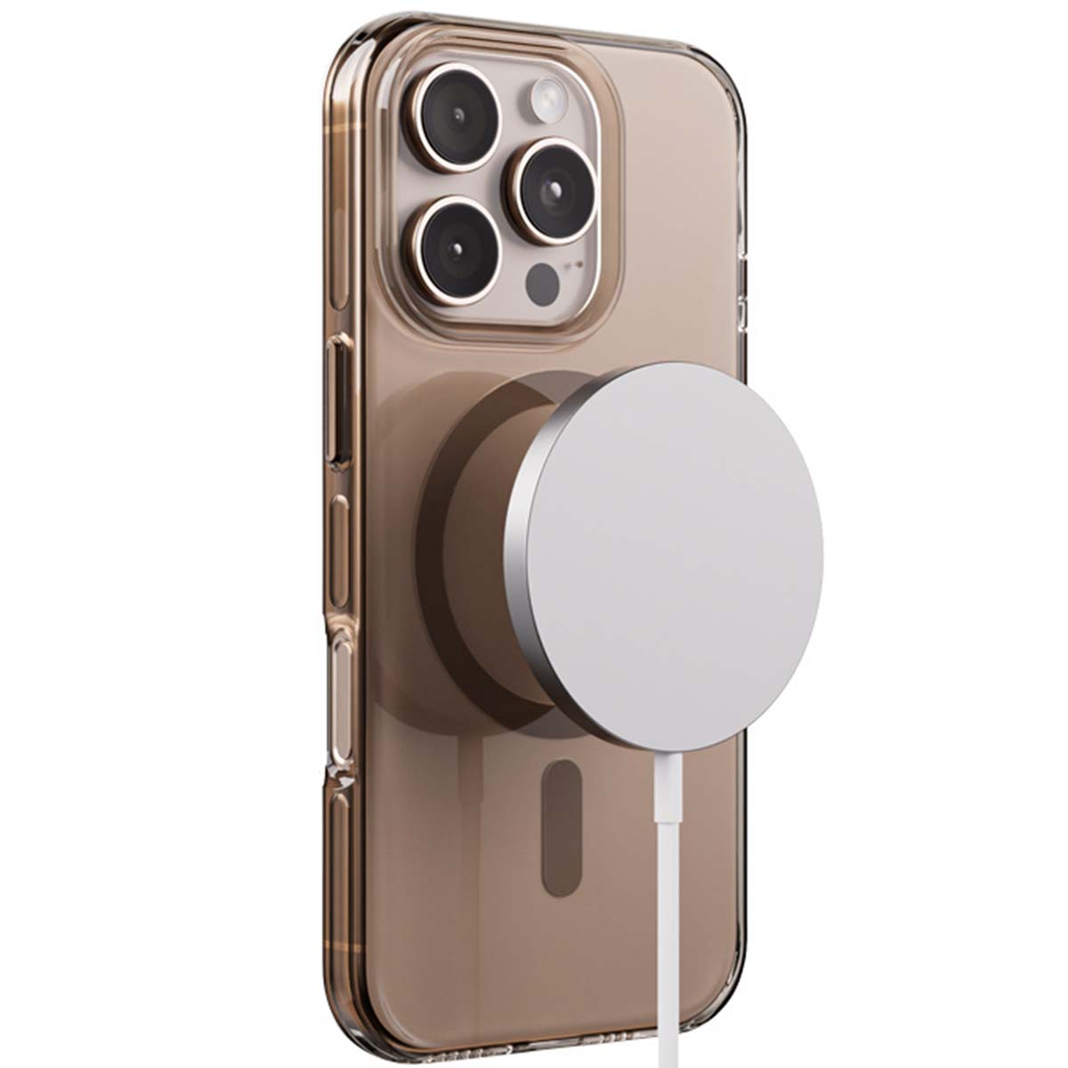 Una custodia trasparente per telefono con un caricabatterie magnetico rotondo sul retro.