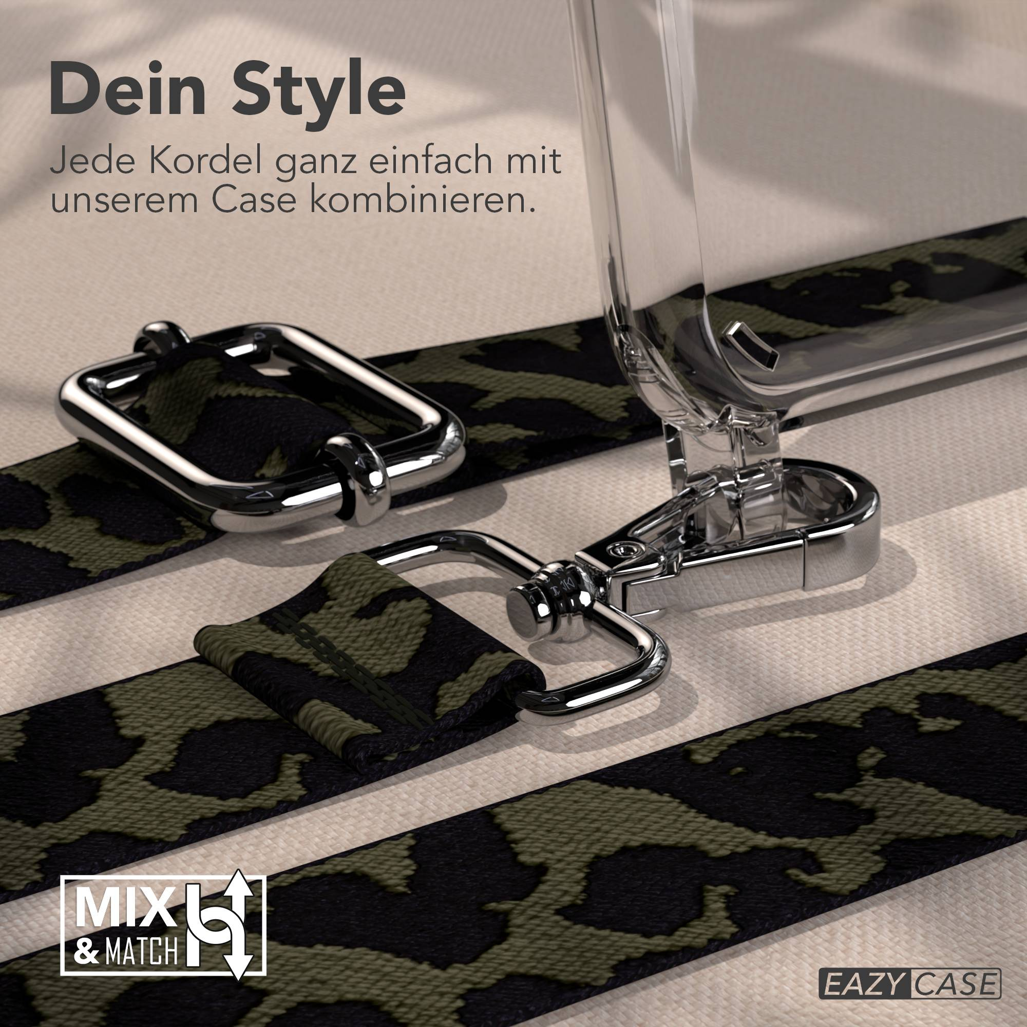 Camouflage-Gurt mit Metallclips und Hülle. Text: Dein Style, MIX & MATCH, EAZY CASE.