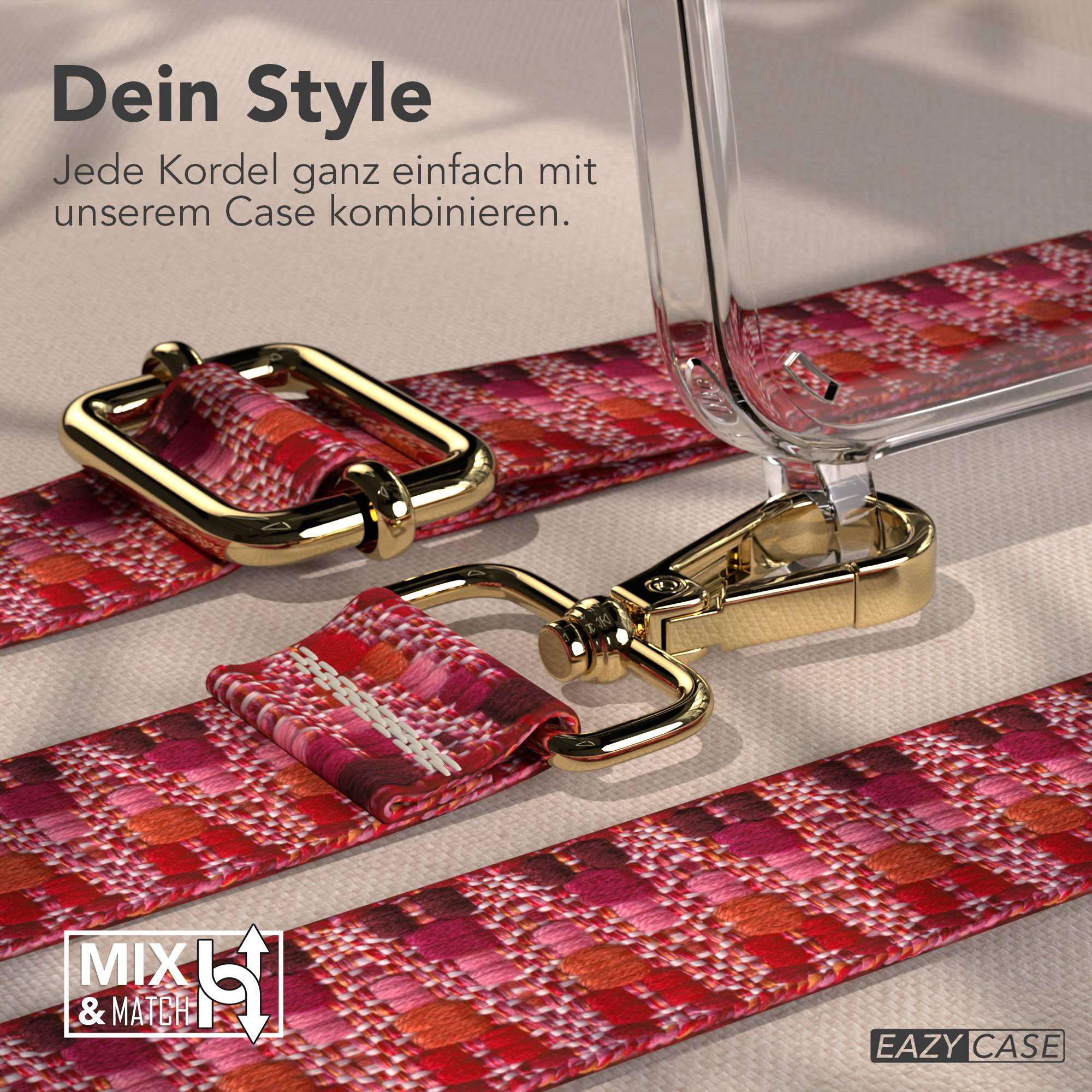 Ein rot, pink und orange gemustertes Band mit goldener Hardware liegt neben einer klaren Handyhülle.