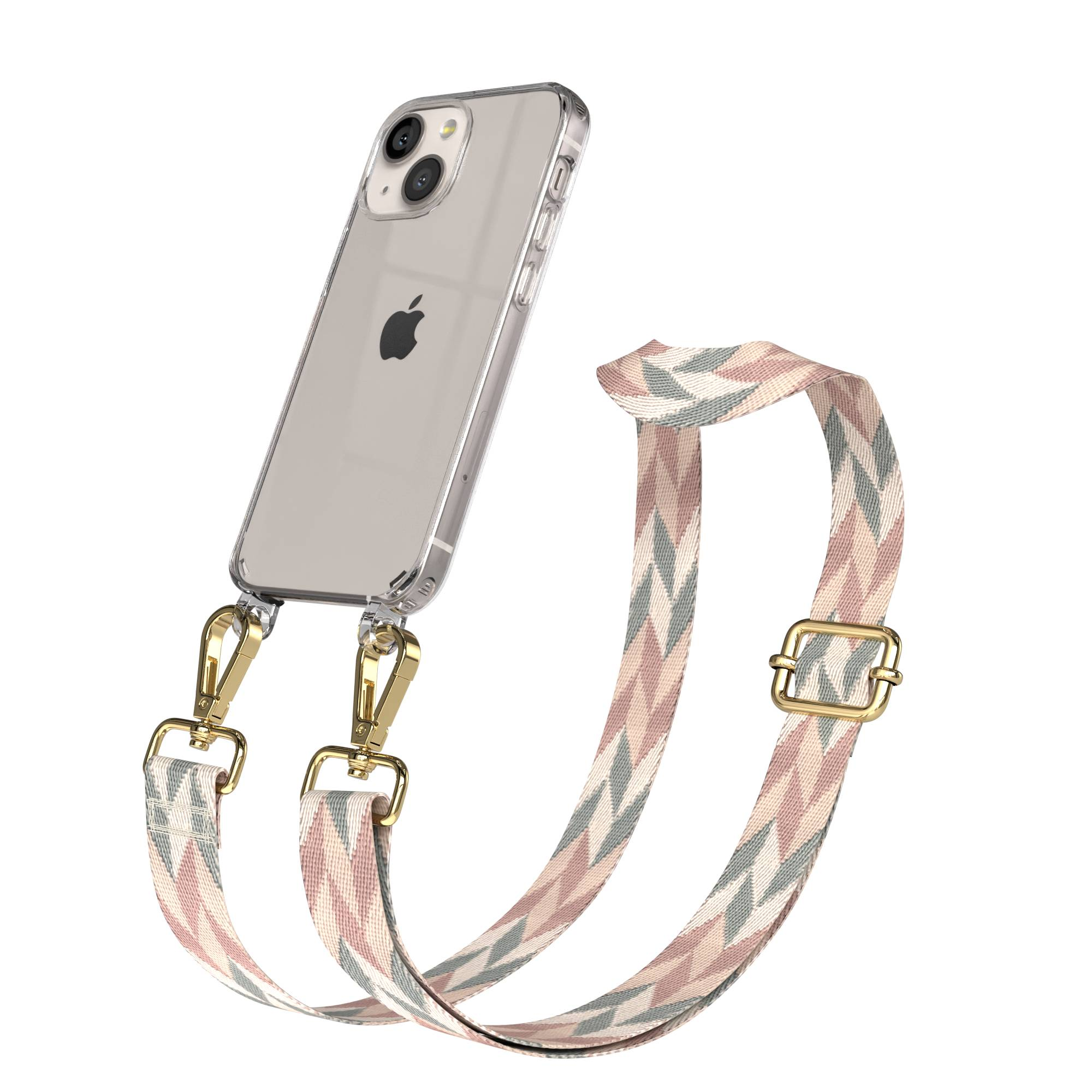 Ein durchsichtiges iPhone mit einem gemusterten Band und goldenen Clips.