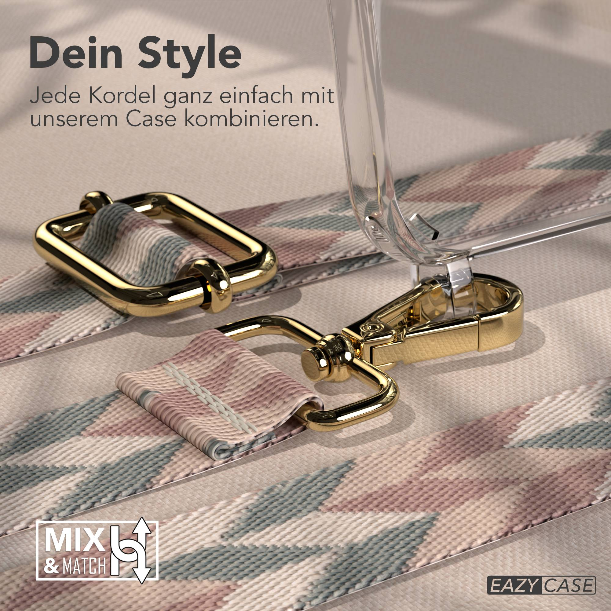 Goldene Karabiner und eine gemusterte Kordel mit dem Schriftzug MIX & MATCH.