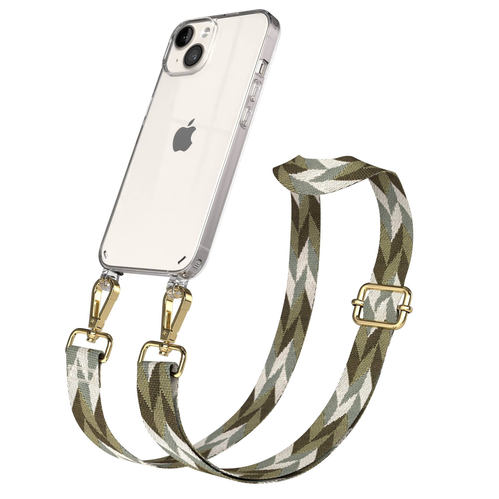 Ein transparentes iPhone mit einem Camouflage-Gurt mit goldenen Schnallen.