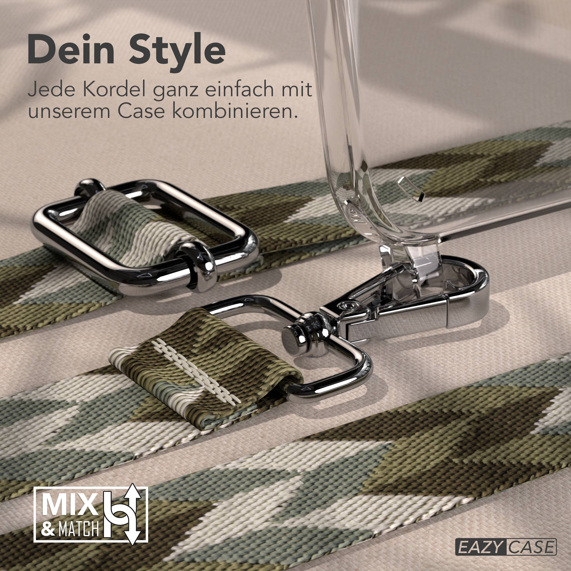 Kamoflage-Kordel mit silbernen Beschlägen und transparentem Case-Detail.