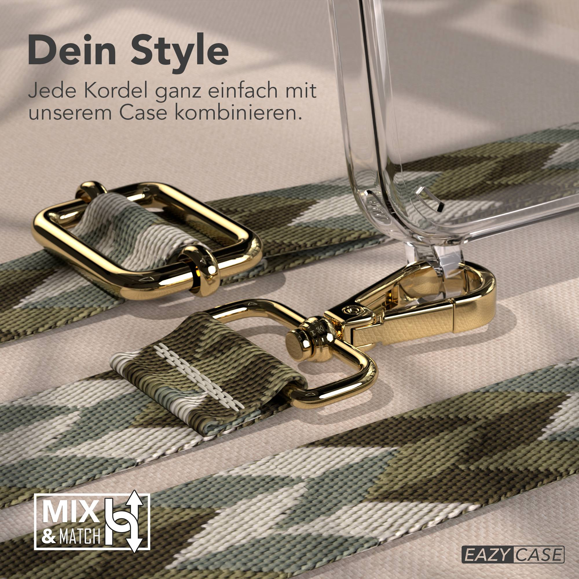 Ein Camouflage-Gurt mit goldener Hardware und Hülle.