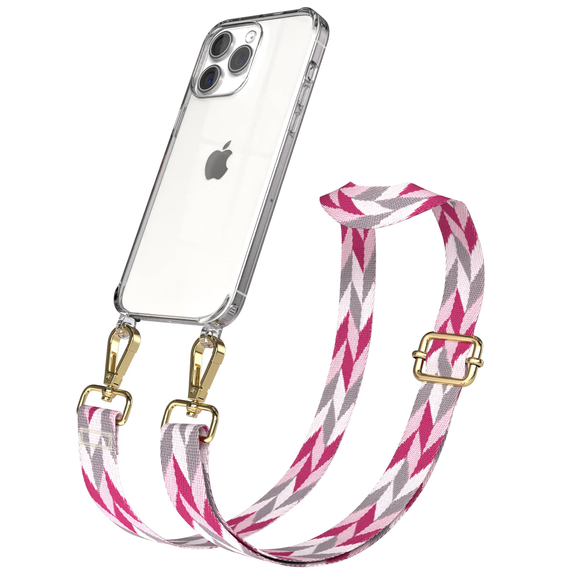 Ein durchsichtiges iPhone-Case mit einem pink-grauen Zickzack-Gurt und goldenen Clips.