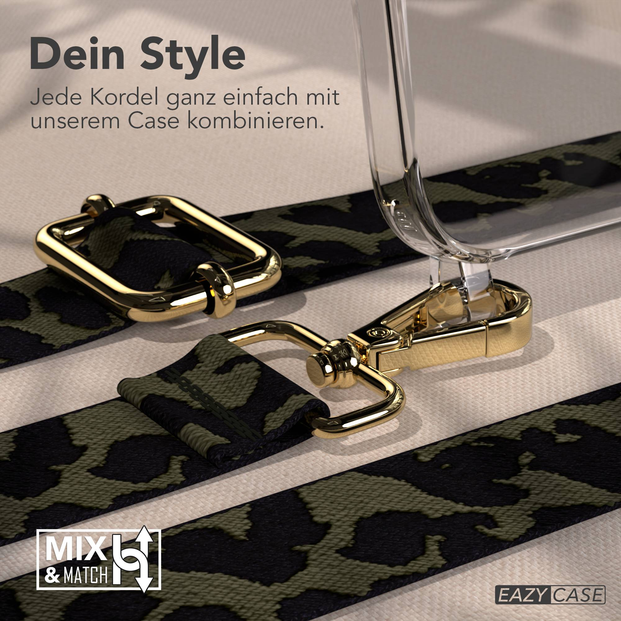 Ein transparentes Handyhülle mit einem Camouflage-Band und goldenen Beschlägen.
