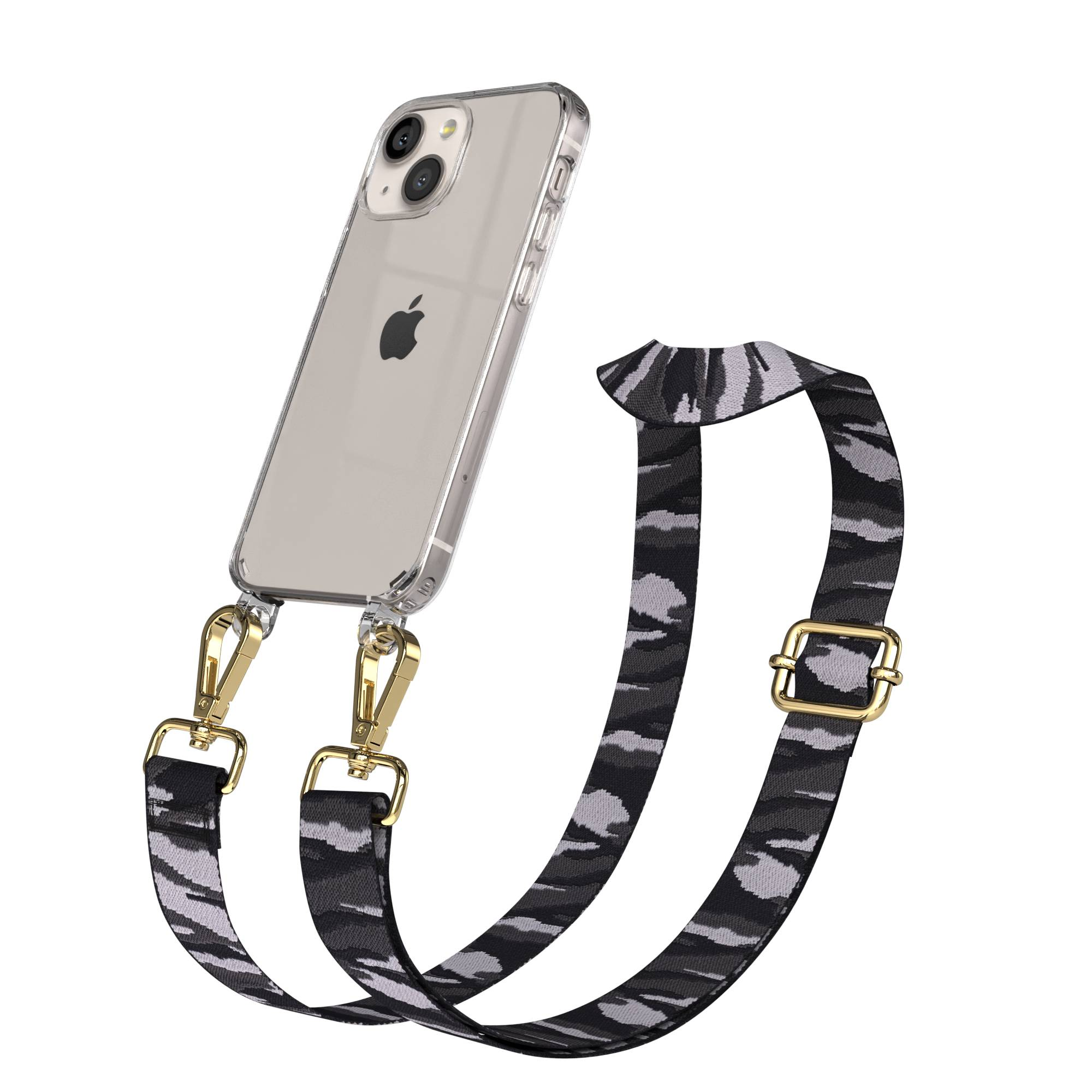 Ein transparentes iPhone mit einem Camouflage-Schultergurt.