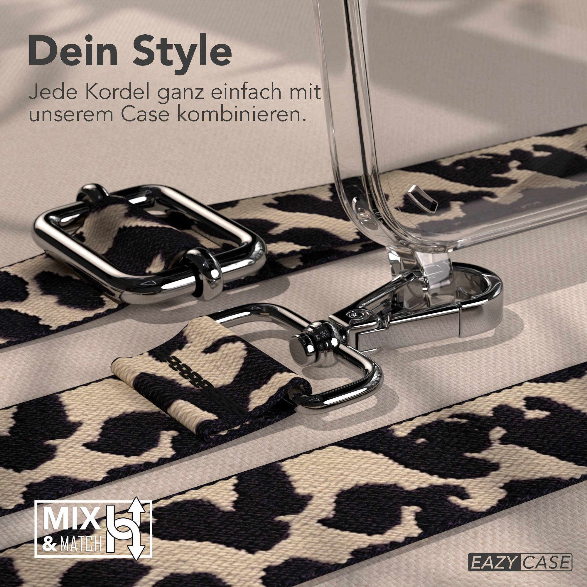 Ein Leopardenmuster-Gurt und Metallverschlüsse für eine Handyhülle.