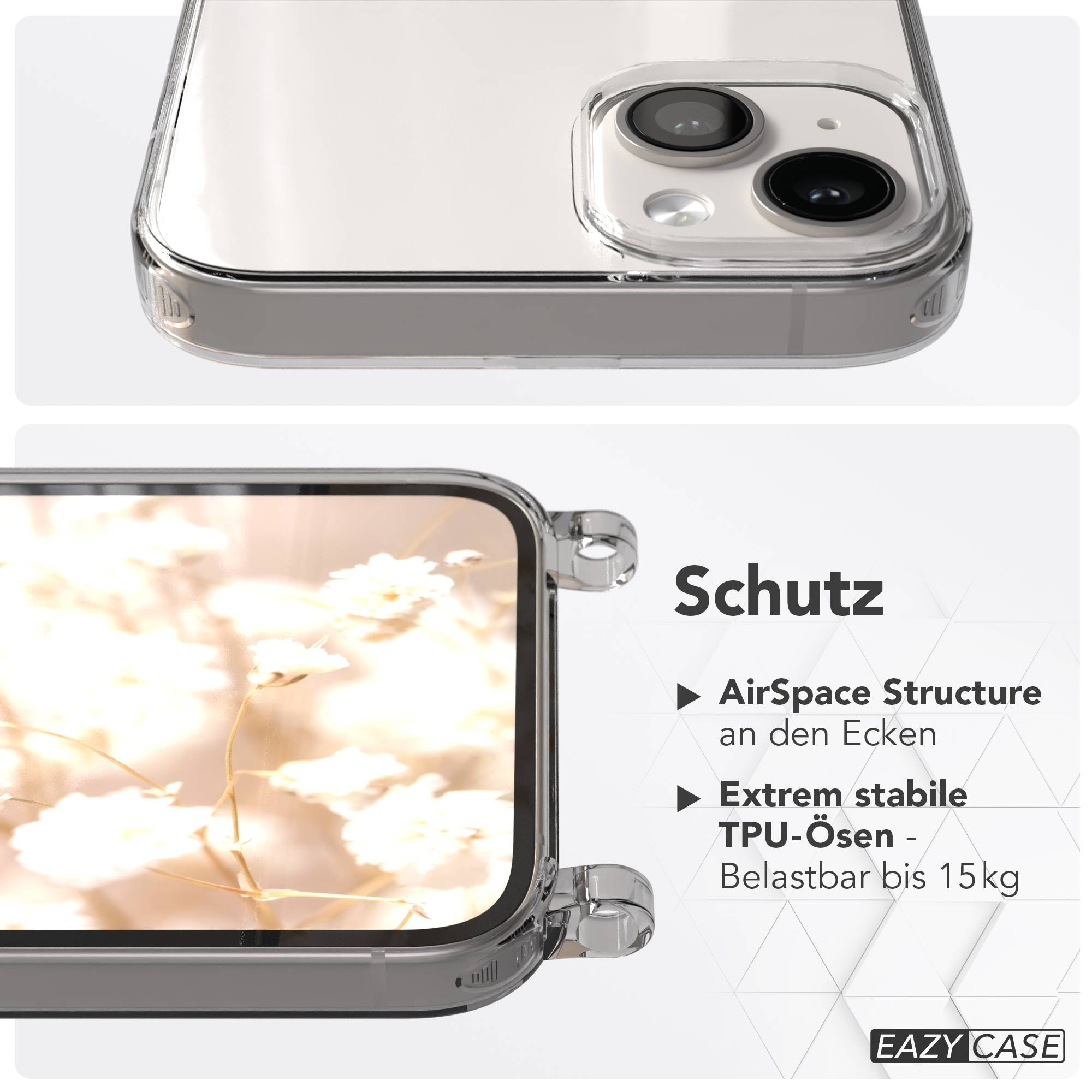 Klare Handyhülle mit Kameradetails. Zeigt Text über Schutz.