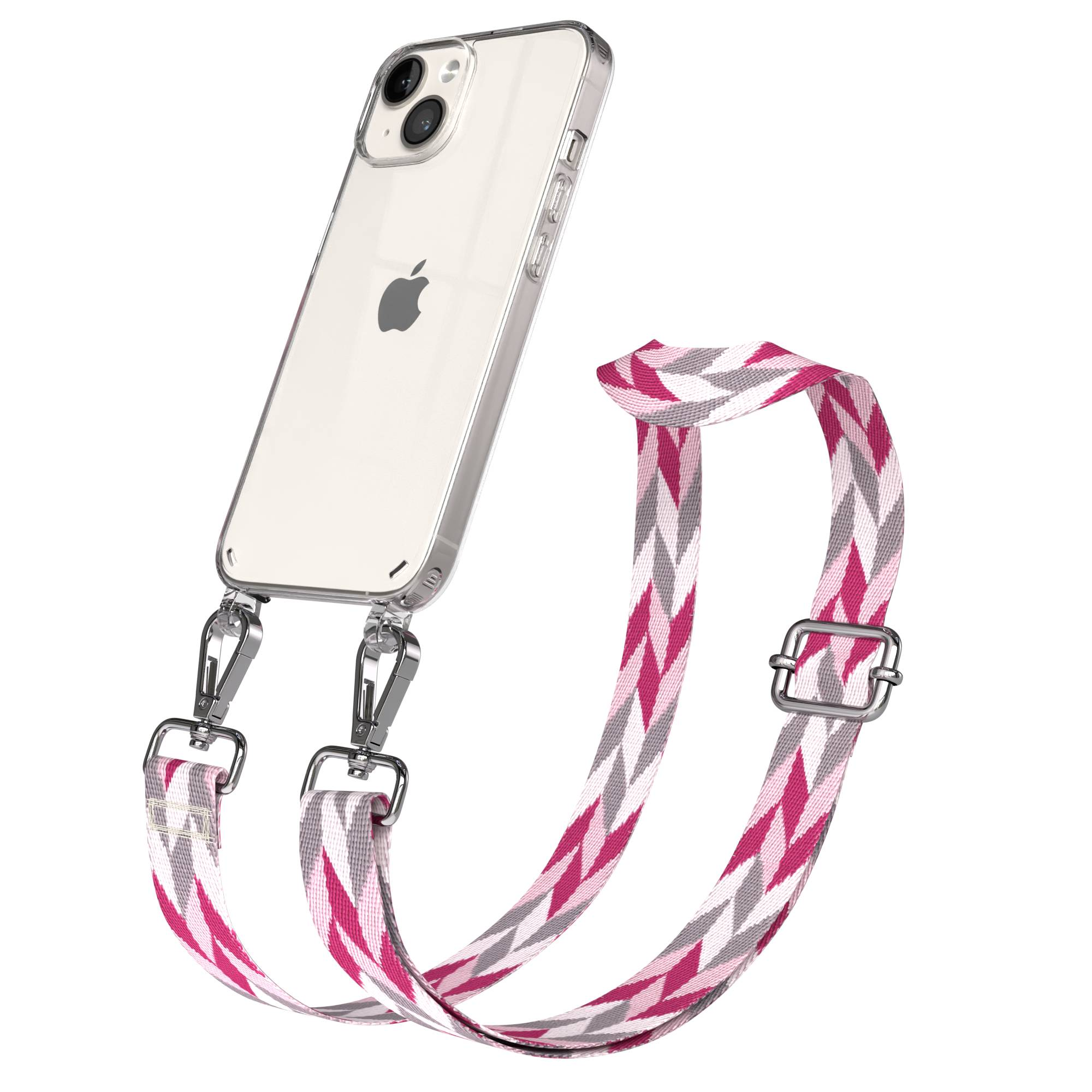 Ein durchsichtiges iPhone mit einem gemusterten Gurt in Pink, Grau und Weiß.
