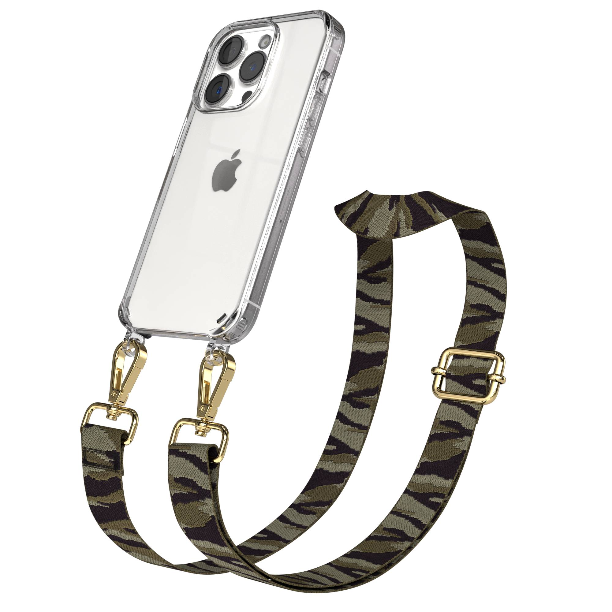 Klare iPhone-Hülle mit camouflagefarbenem Riemen, befestigt mit goldenen Clips.