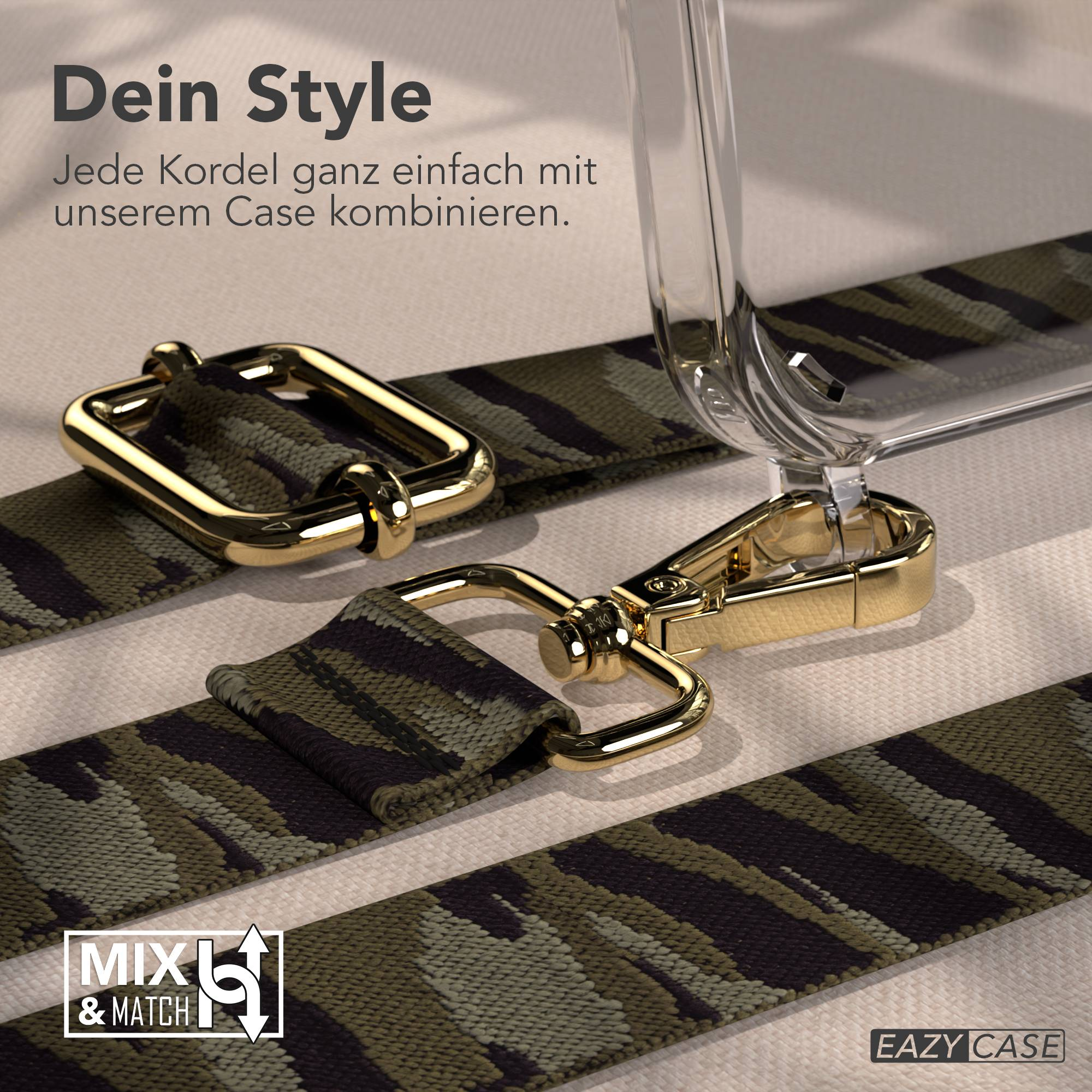 Ein Camouflage-Tragegurt mit goldenen Beschlägen und einem transparenten Handyhülle.