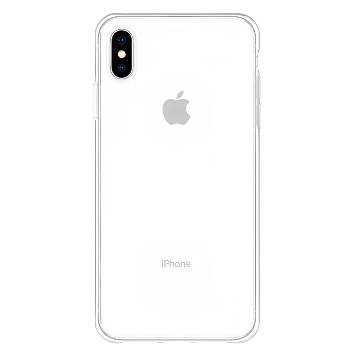 Retro di una custodia trasparente per iPhone con logo Apple e fotocamera.