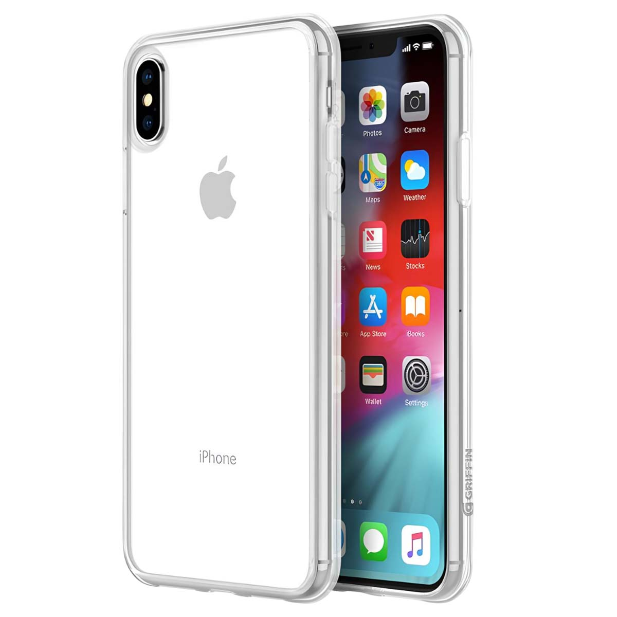 Una custodia trasparente per iPhone con il logo Apple sul retro e app sullo schermo.