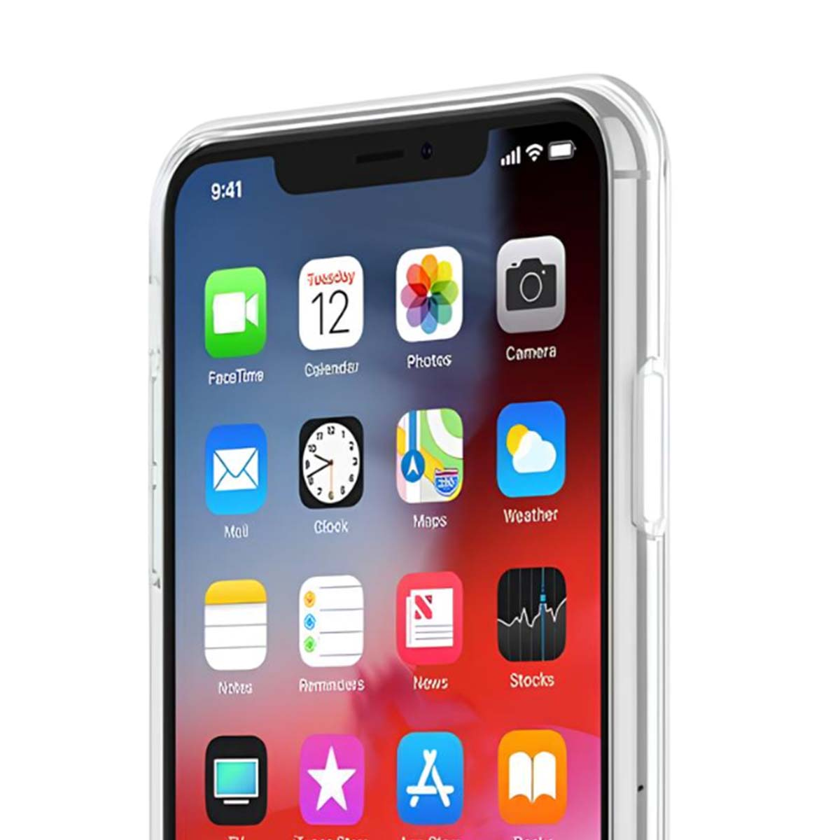 Schermata Home iPhone con icone app: FaceTime, Calendario, Foto, Fotocamera, Posta, Orologio, Mappe, Meteo.